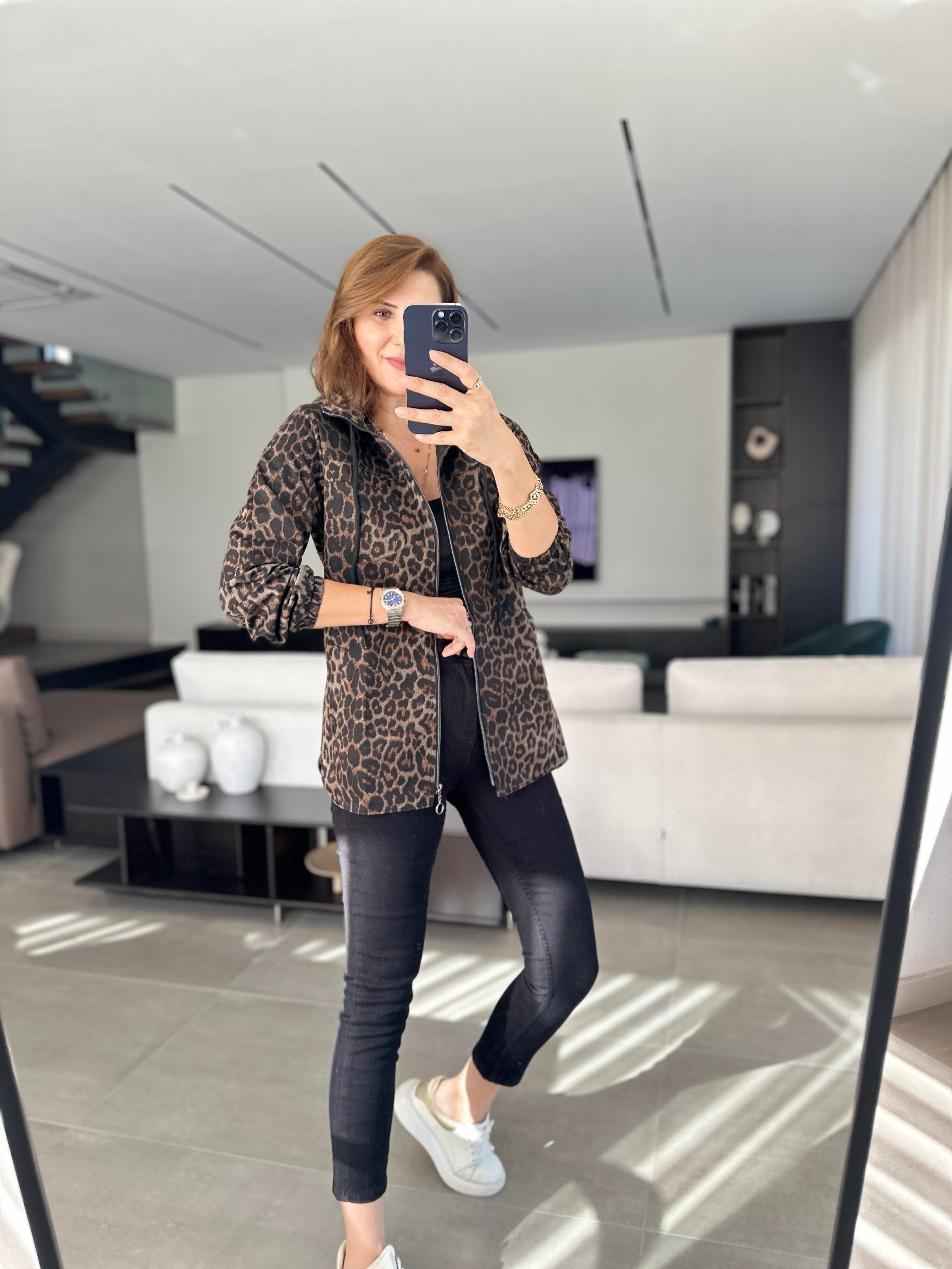 Kahverengi Leopar Desenli Gabardin Ceket