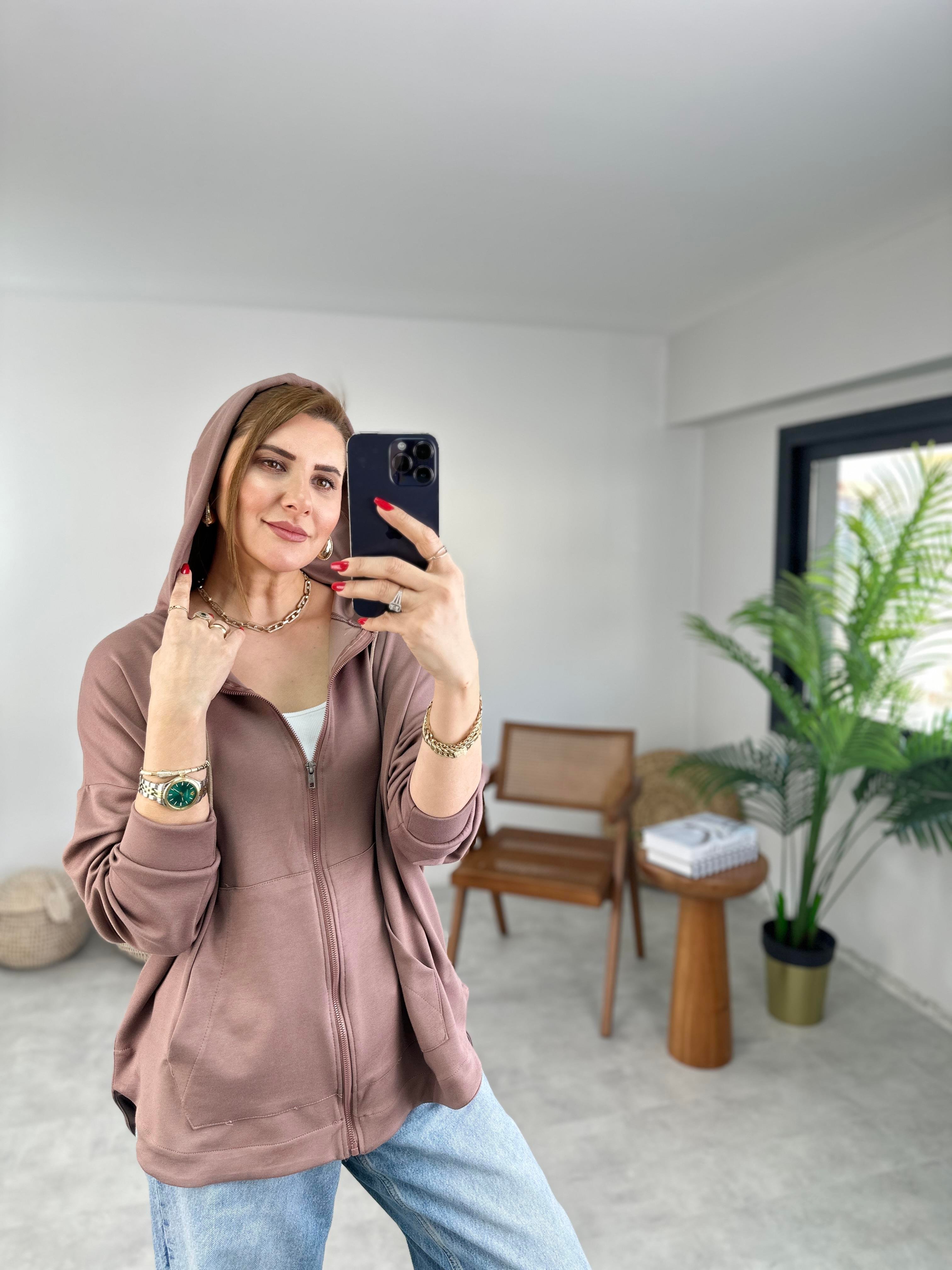 Kahverengi Modal Fermuarlı Oversize Ceket