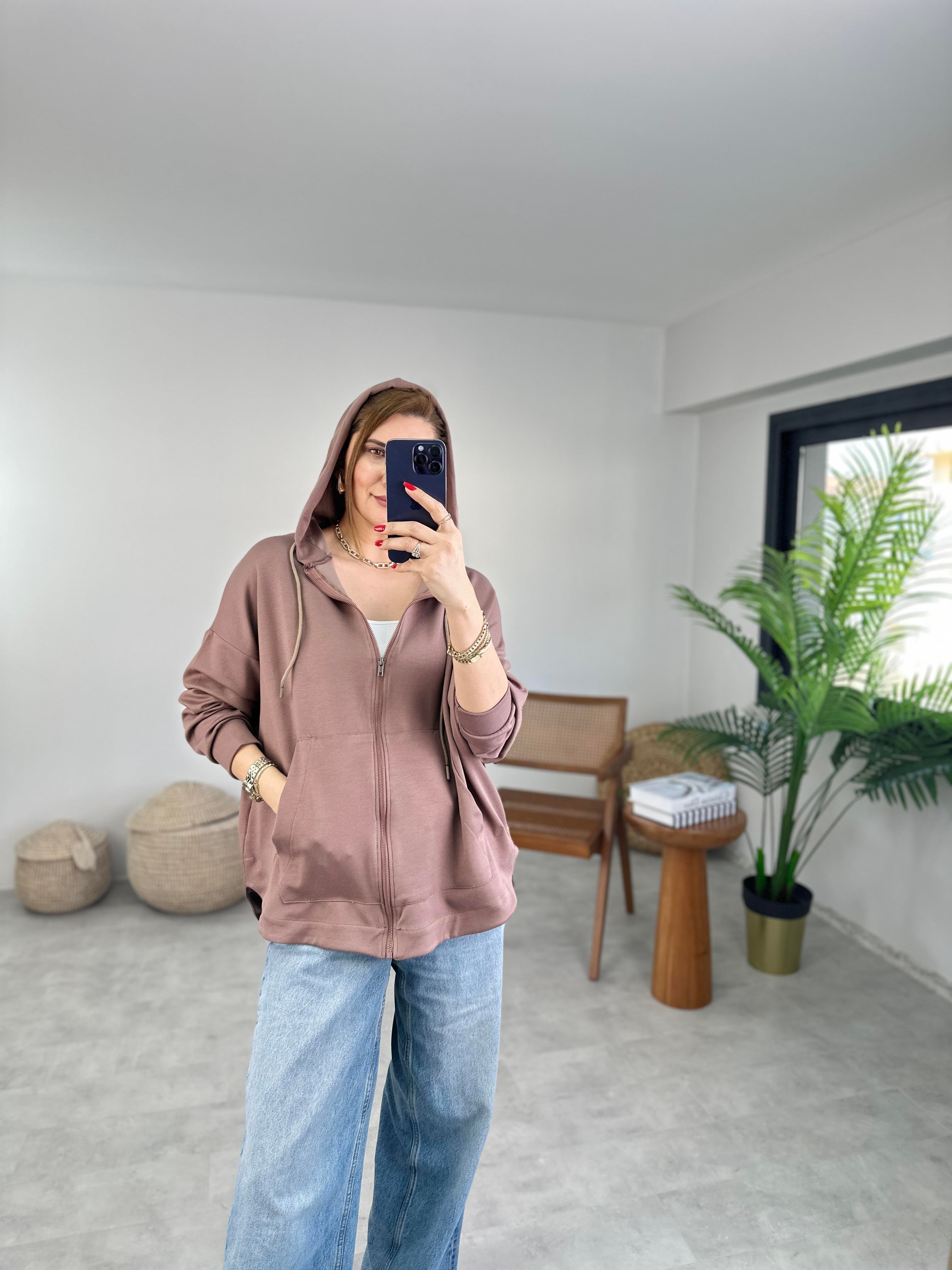Kahverengi Modal Fermuarlı Oversize Ceket