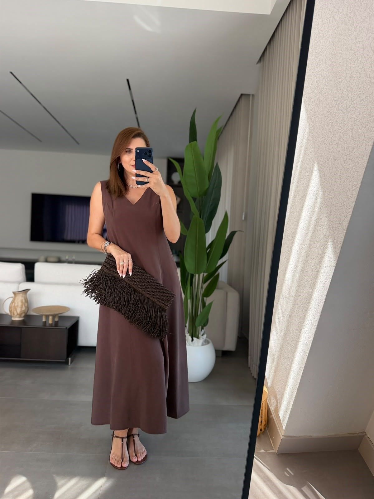 Kahverengi  Ön Ve Arka V Yaka Tencel Elbise