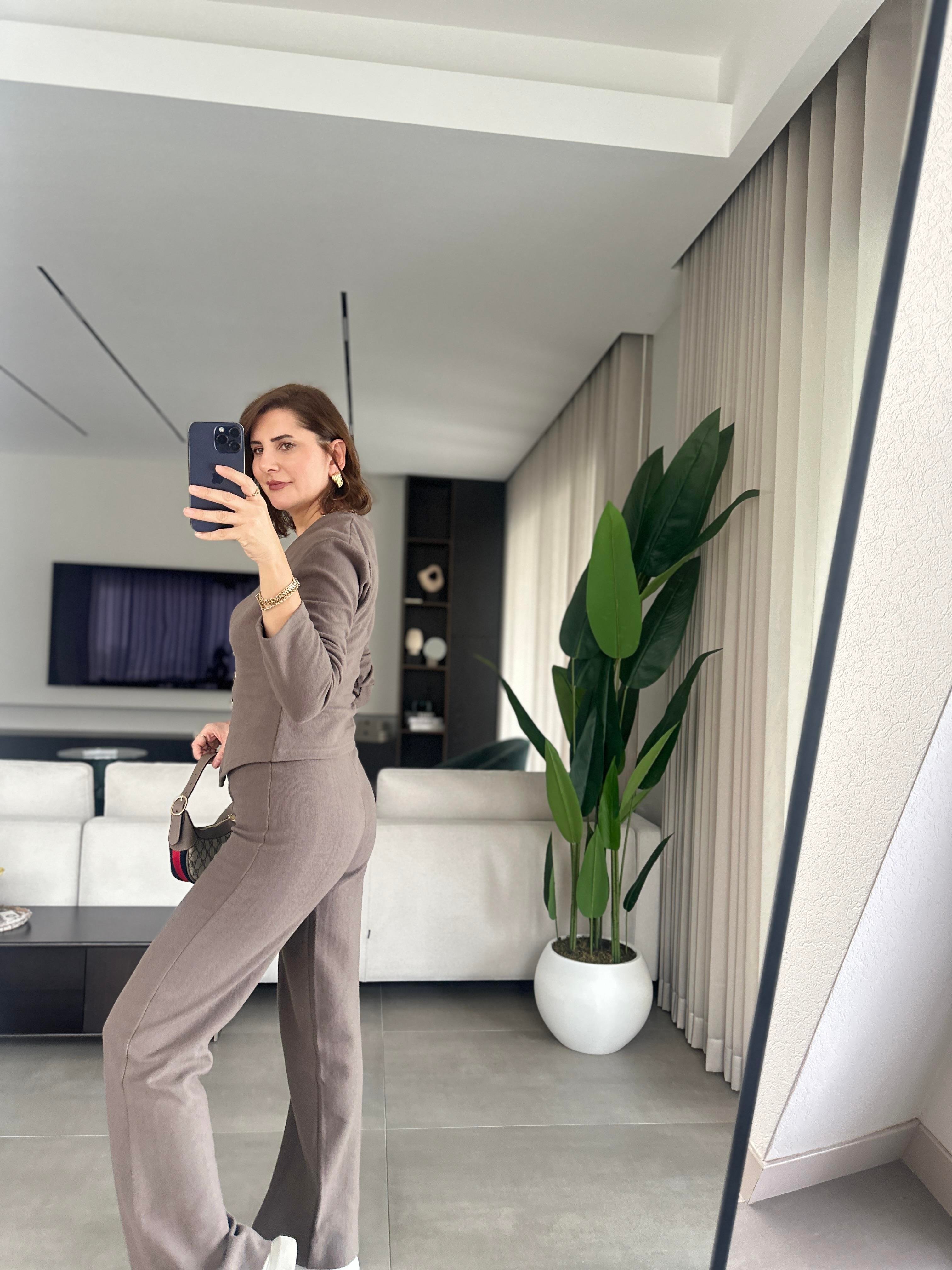 Kahverengi Önü Düğmeli Ceket Takım