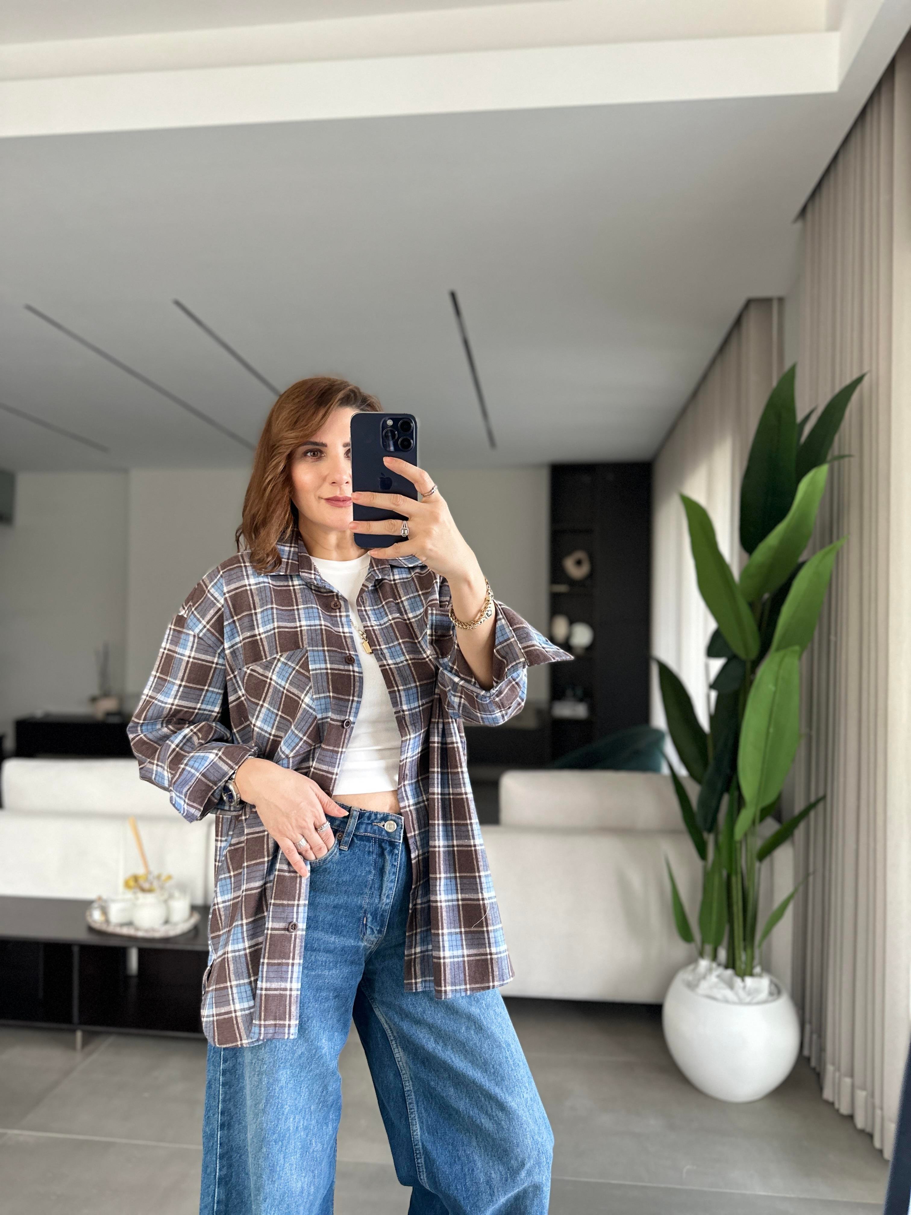 Kahverengi Oversize Ekoseli Gömlek