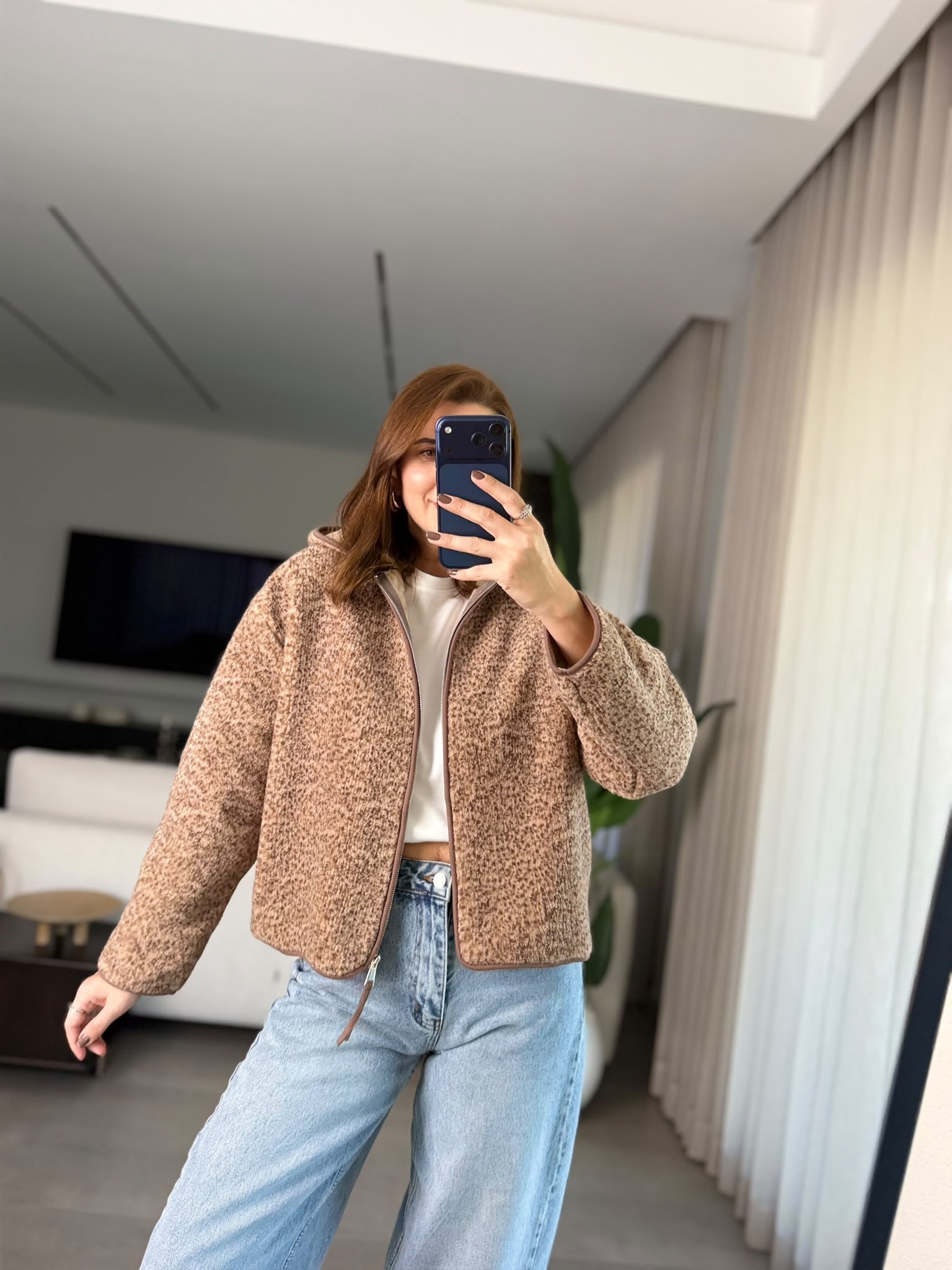 Kahverengi Tedy Peluş Fermuarlı Ceket