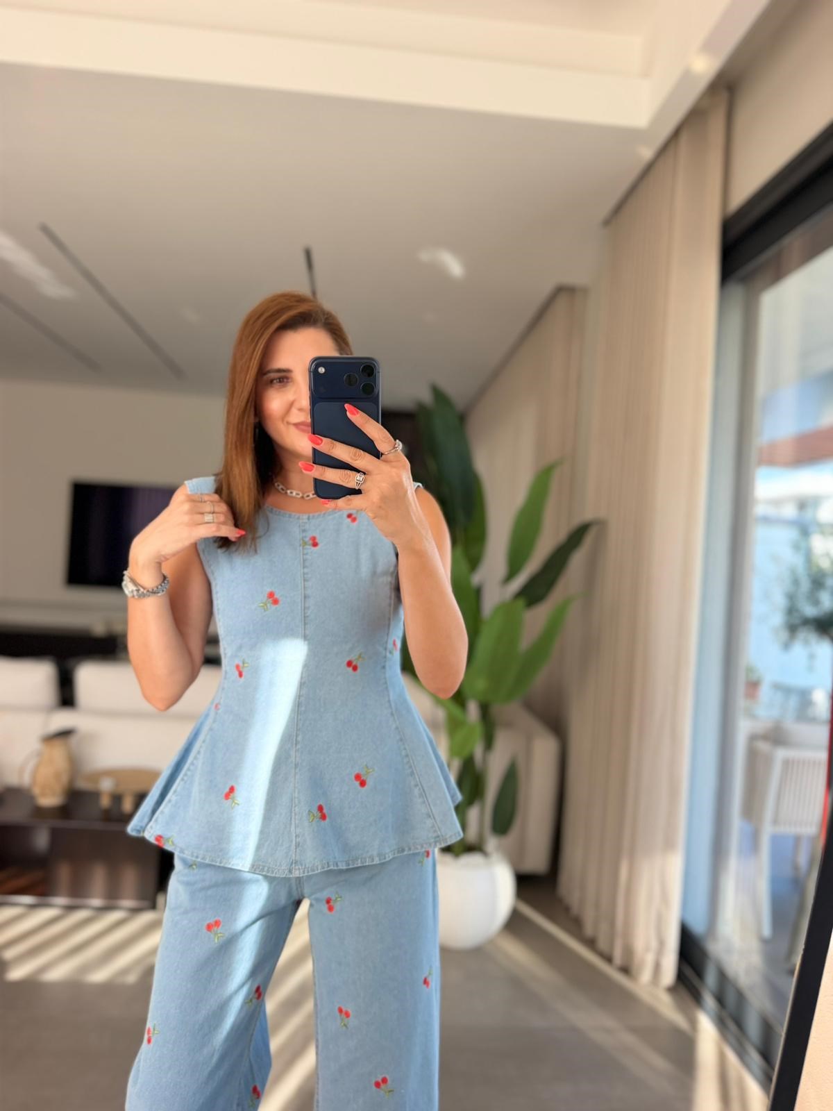 Kiraz Nakışlı Kot Takım
