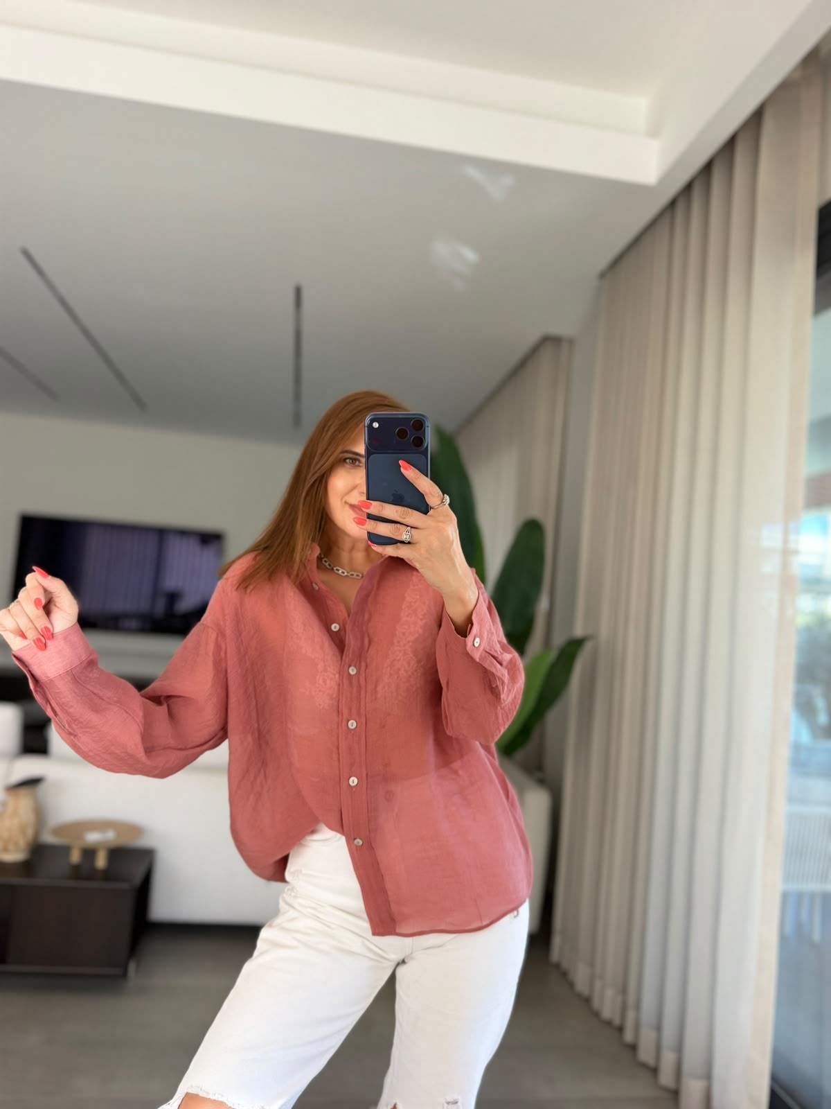 Kiremit Oversize İpeksi Gömlek
