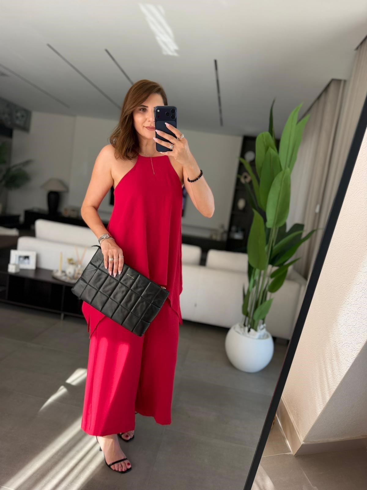 Kırmızı  Askılı Bluz Detaylı Tulum