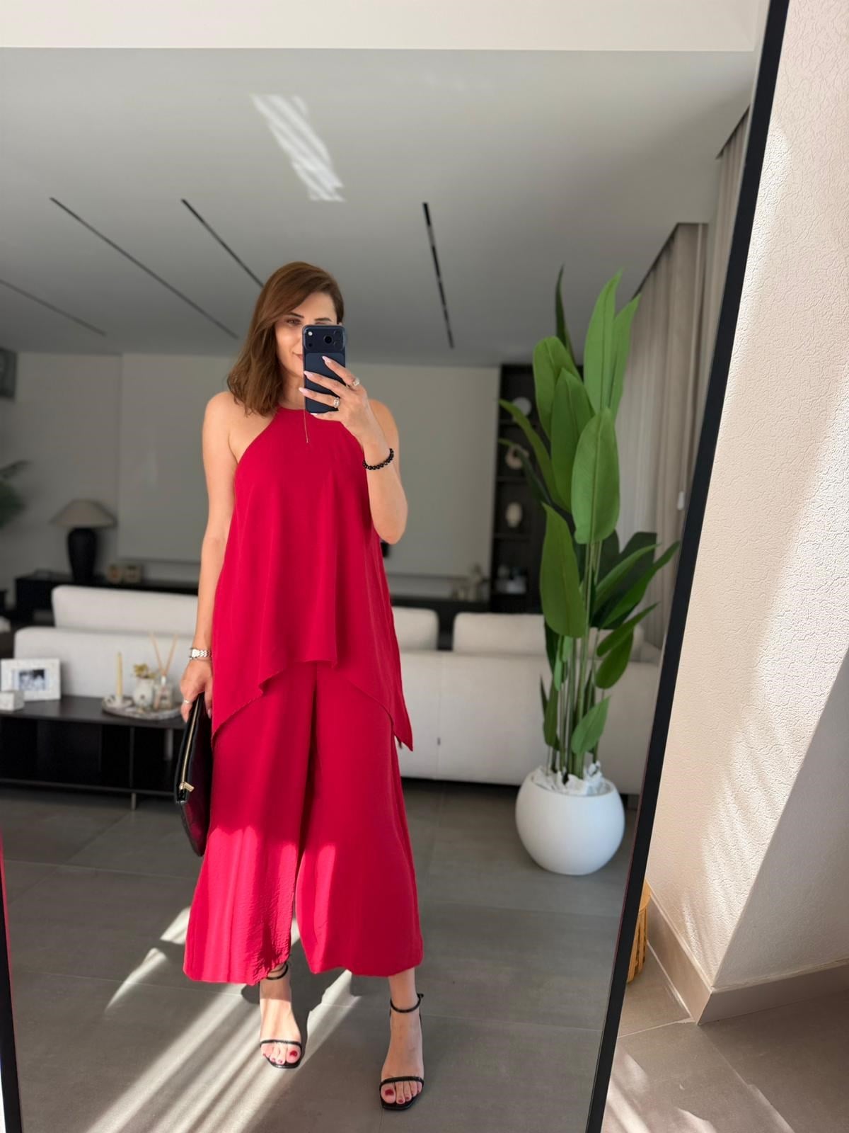 Kırmızı  Askılı Bluz Detaylı Tulum