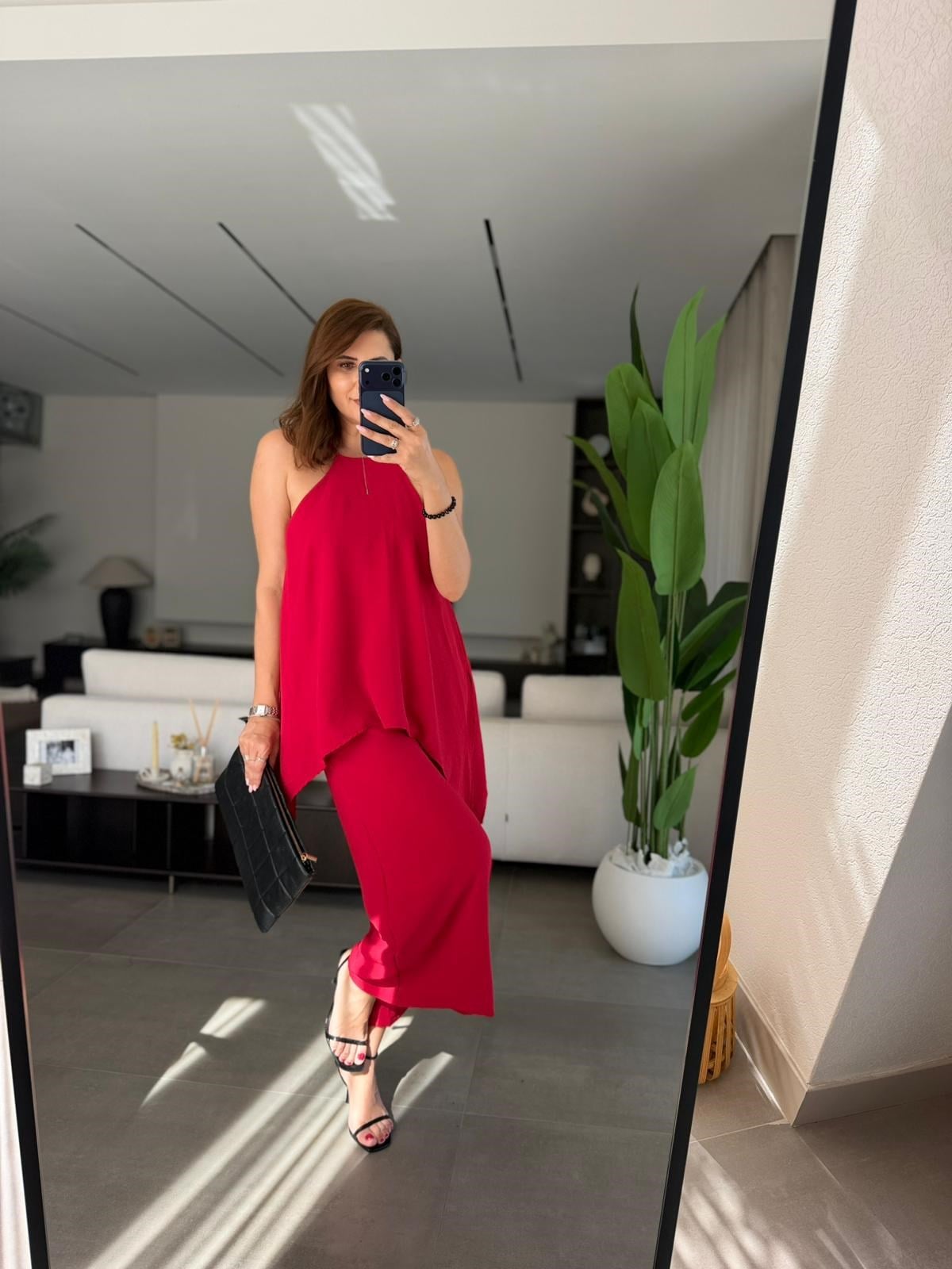 Kırmızı  Askılı Bluz Detaylı Tulum