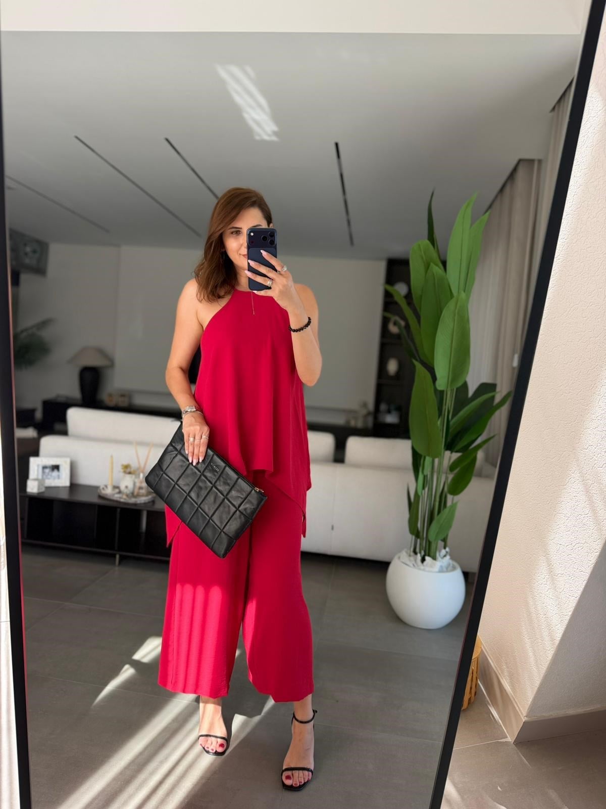 Kırmızı  Askılı Bluz Detaylı Tulum