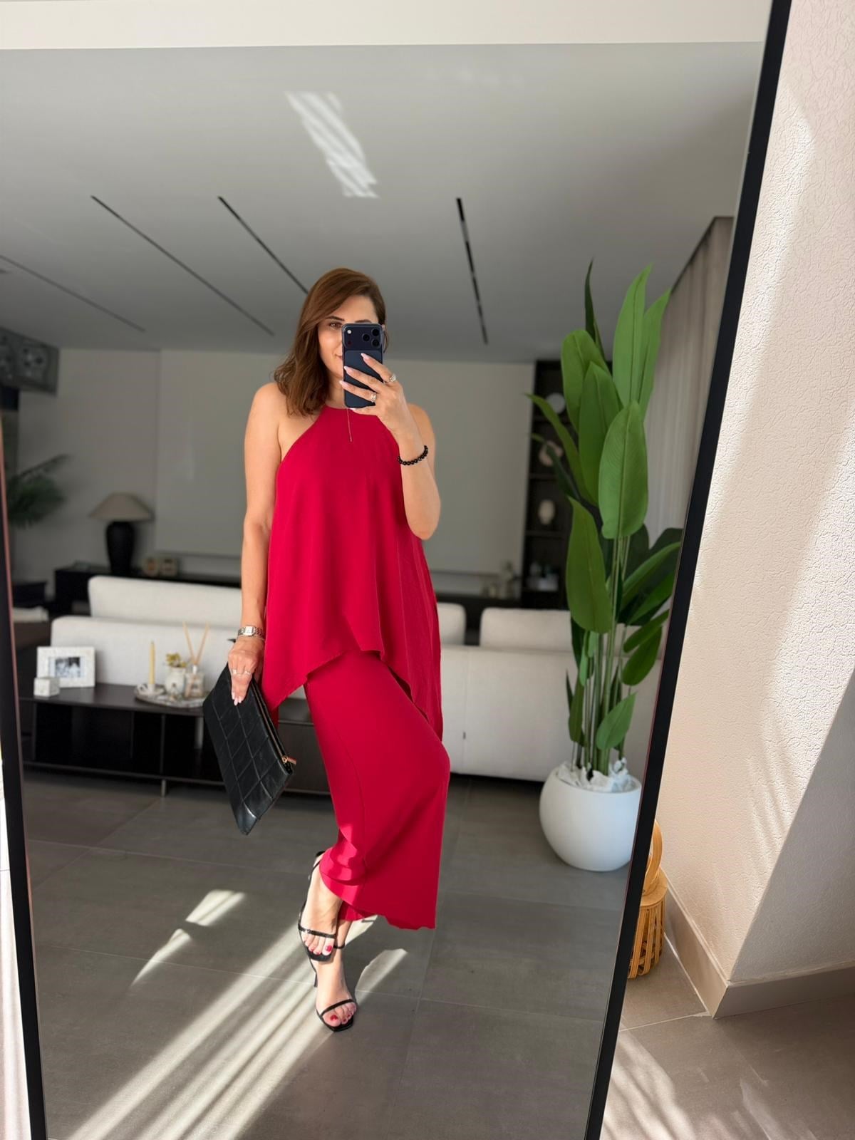 Kırmızı  Askılı Bluz Detaylı Tulum
