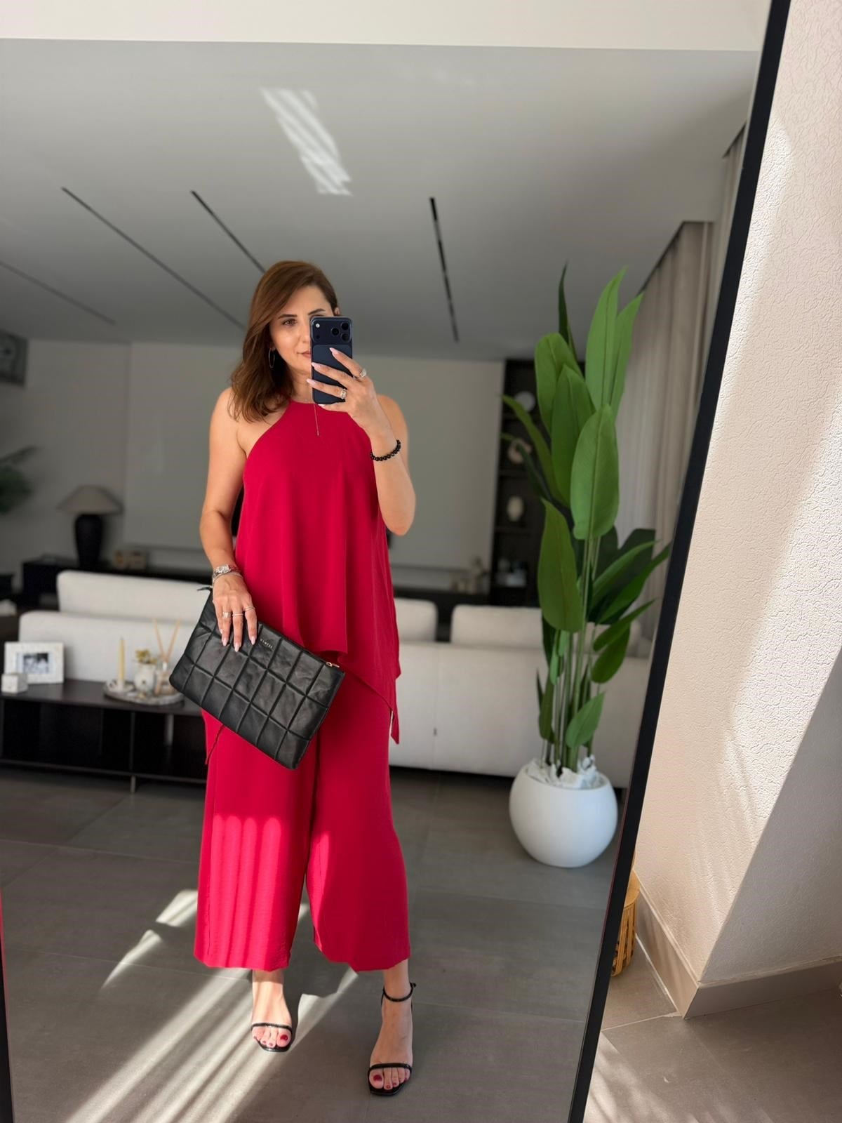 Kırmızı  Askılı Bluz Detaylı Tulum