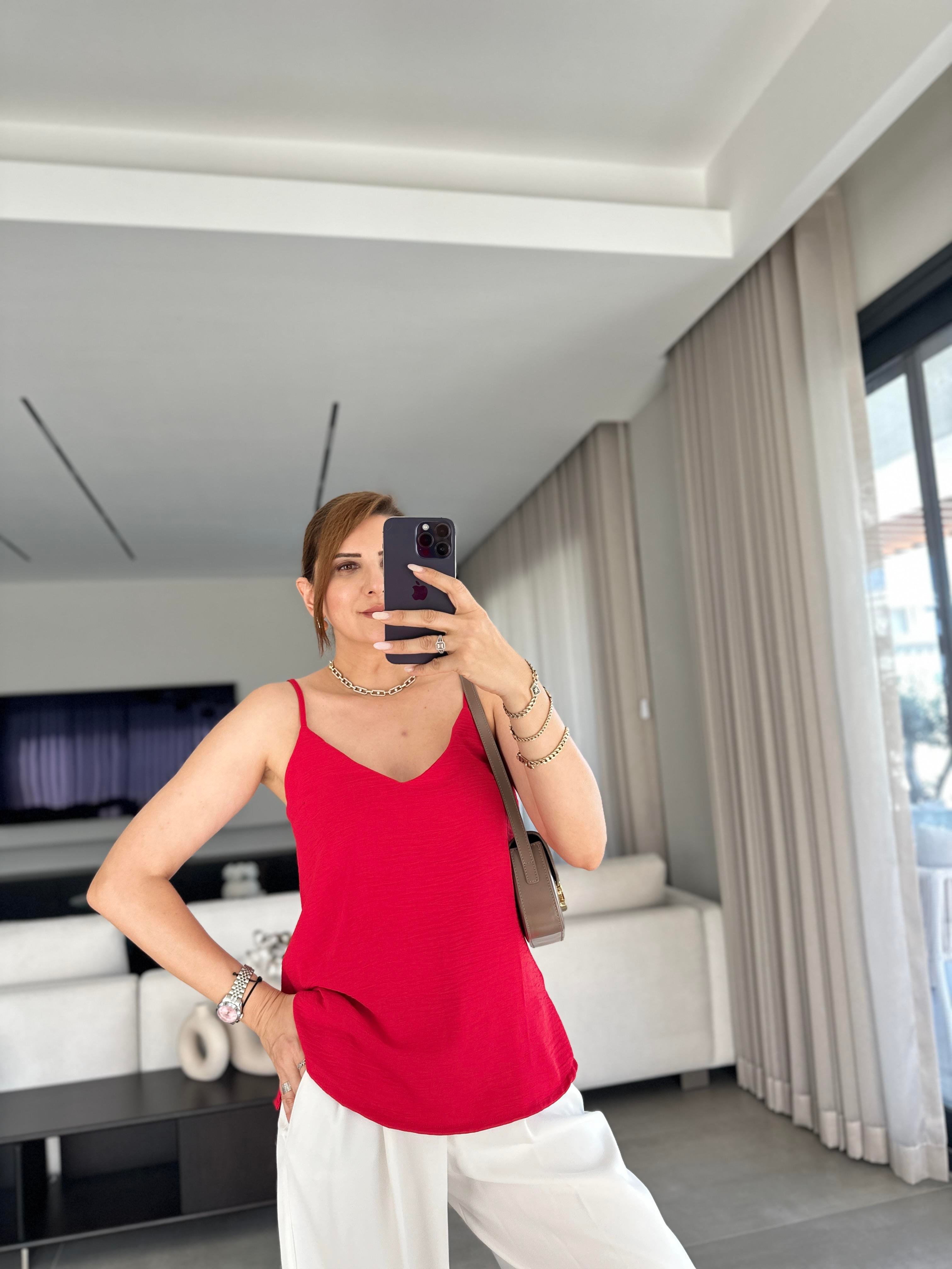 Kırmızı Ayrobin İp Askılı Bluz