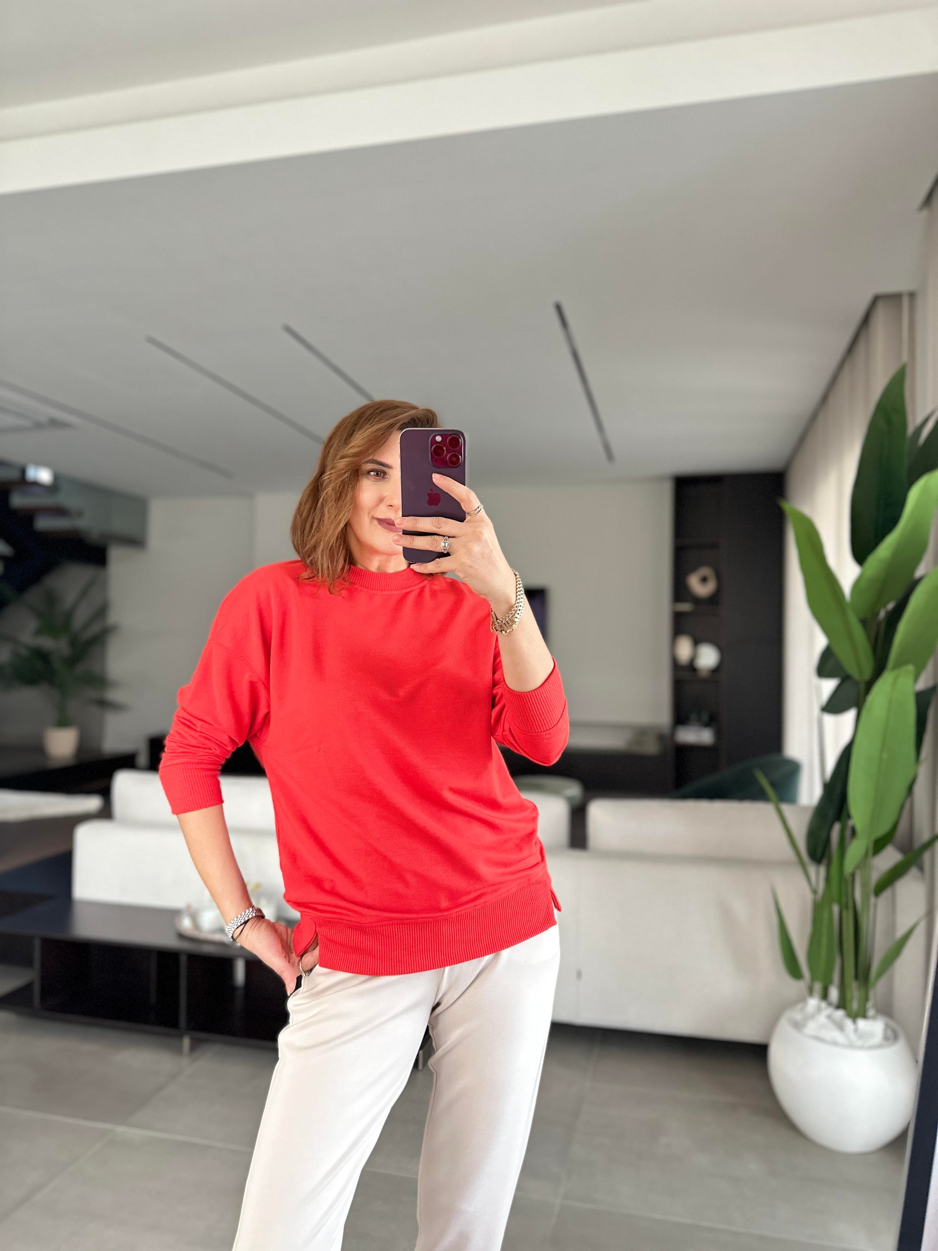 Kırmızı Basic Bisiklet Yaka Sweat