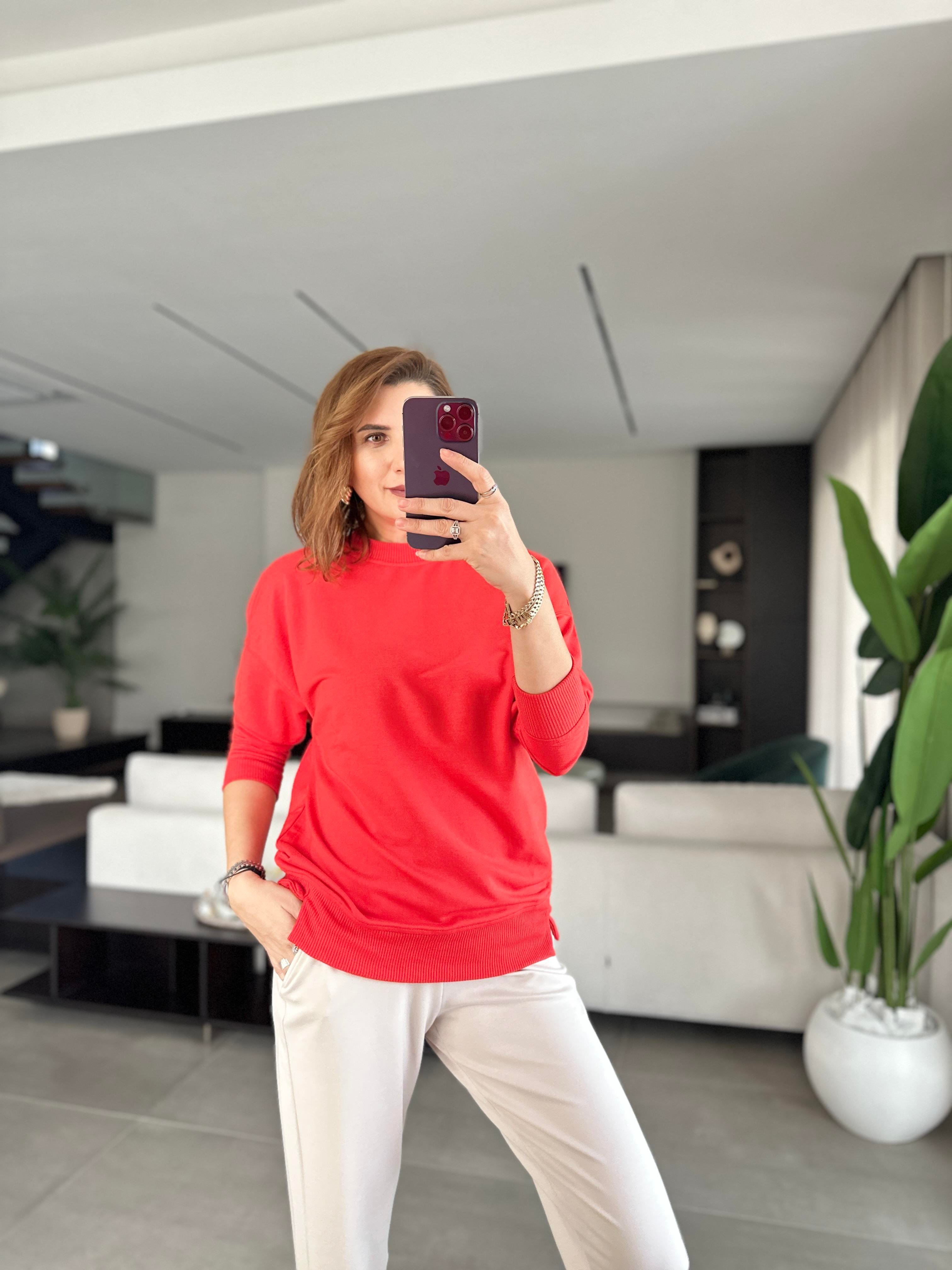 Kırmızı Basic Bisiklet Yaka Sweat