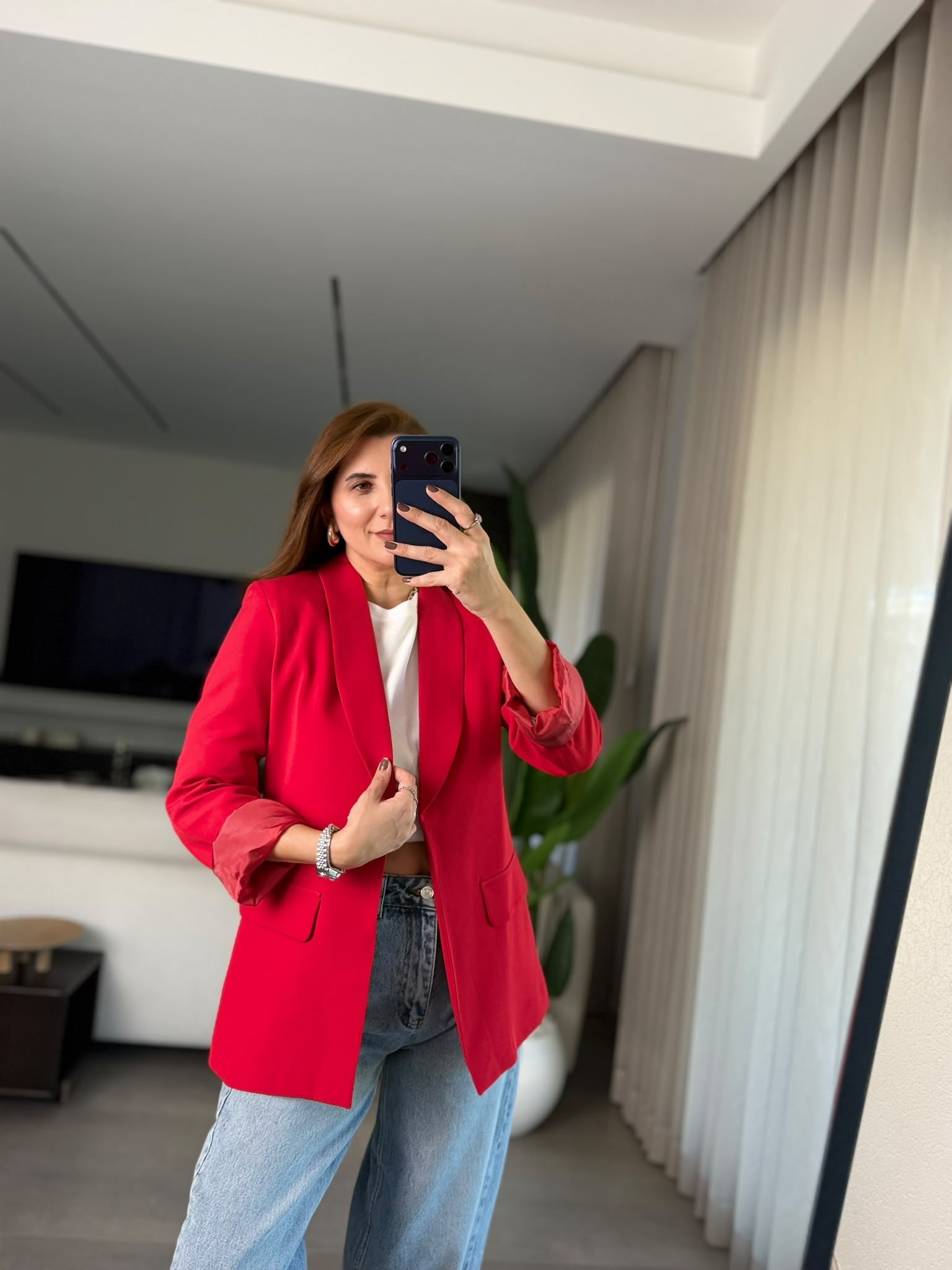 Kırmızı Cep Görünümlü Blazer Ceket