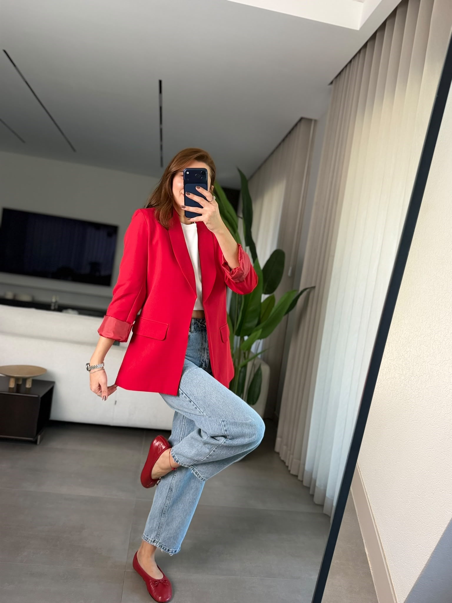 Kırmızı Cep Görünümlü Blazer Ceket