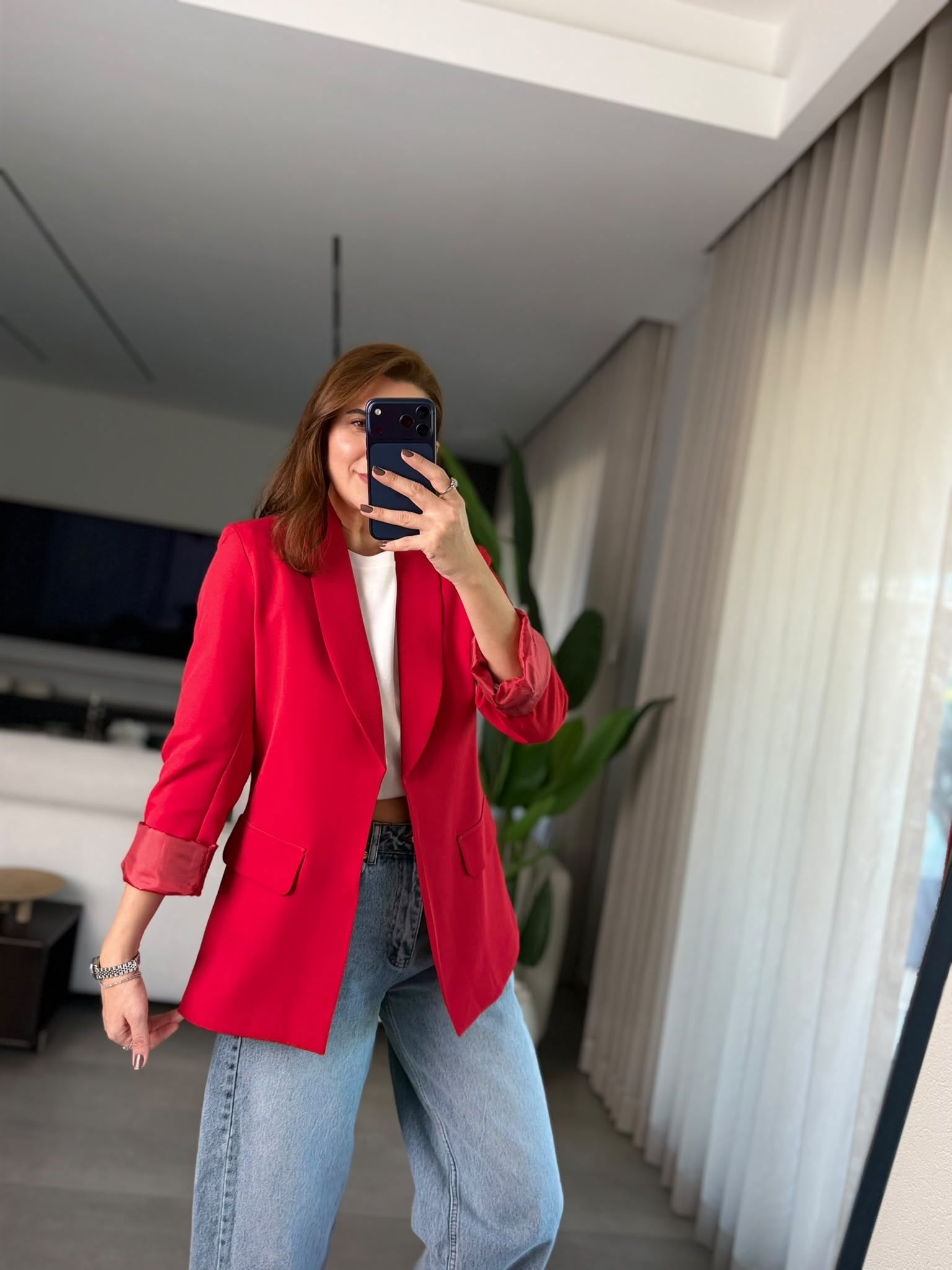 Kırmızı Cep Görünümlü Blazer Ceket