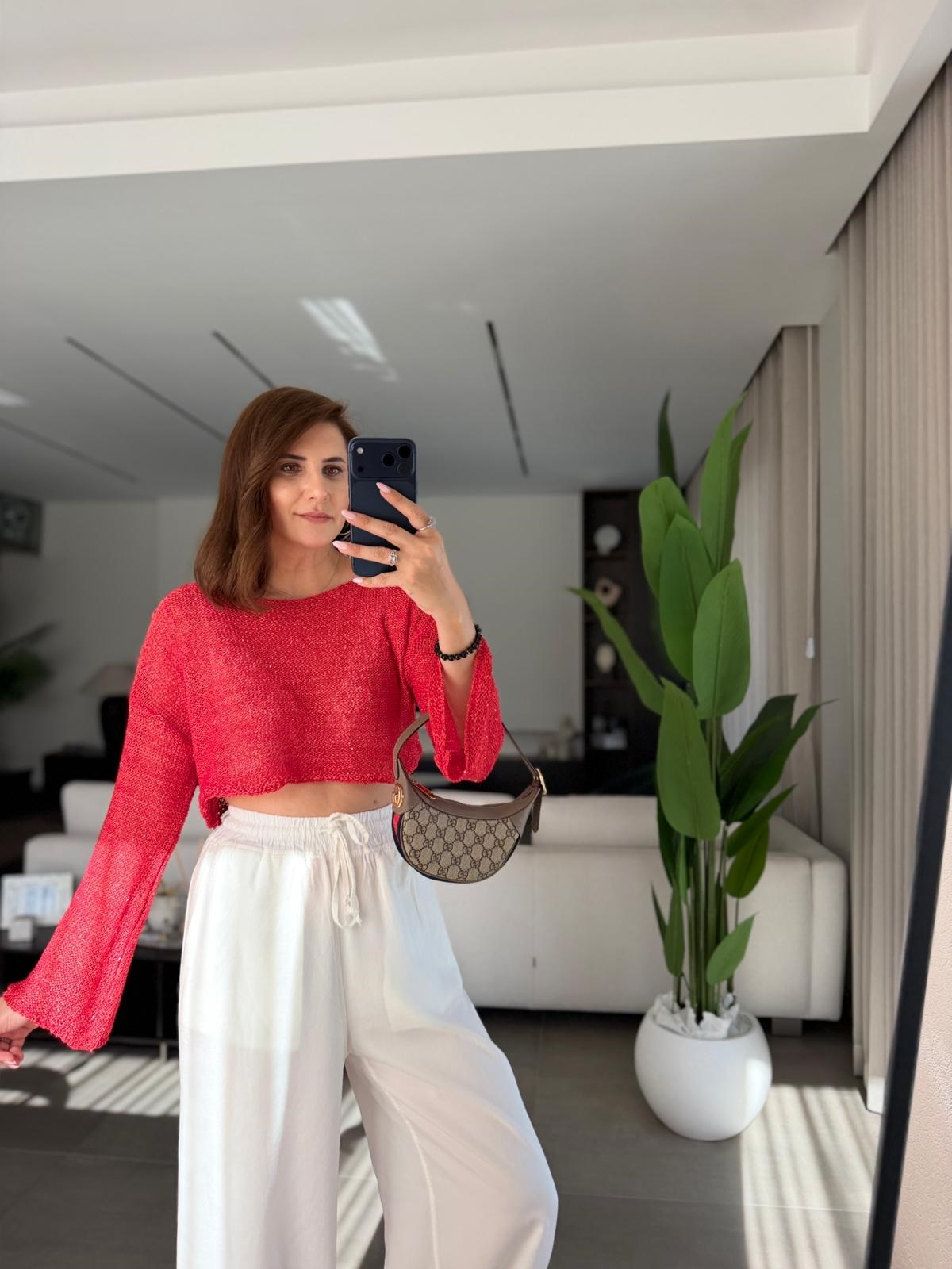 Kırmızı  Crop Pullu Bluz