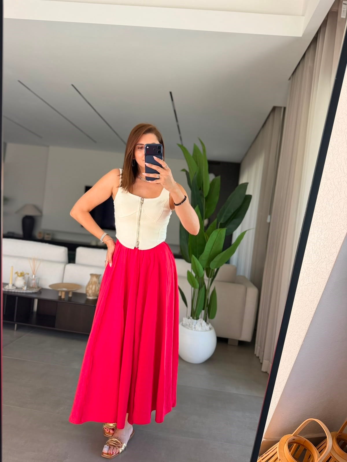 Kırmızı Dikiş Detaylı Tencel Etek