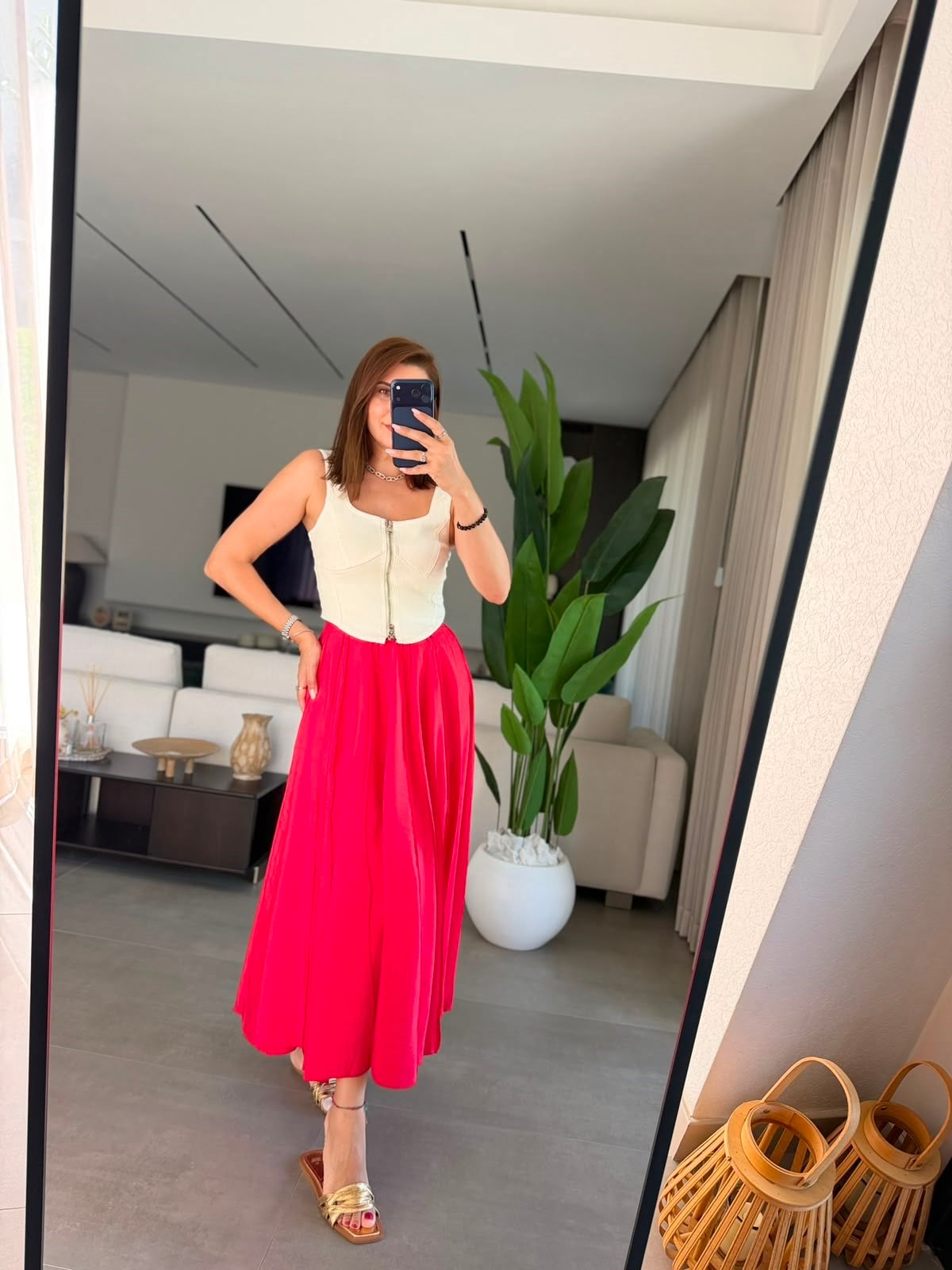 Kırmızı Dikiş Detaylı Tencel Etek