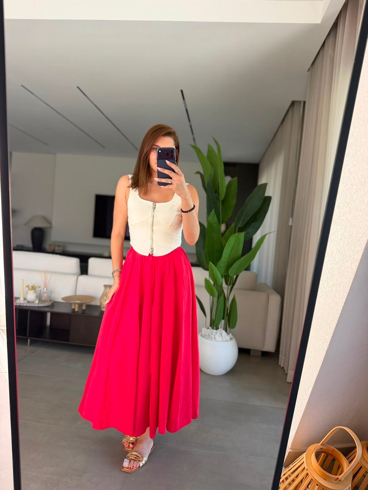 Kırmızı Dikiş Detaylı Tencel Etek