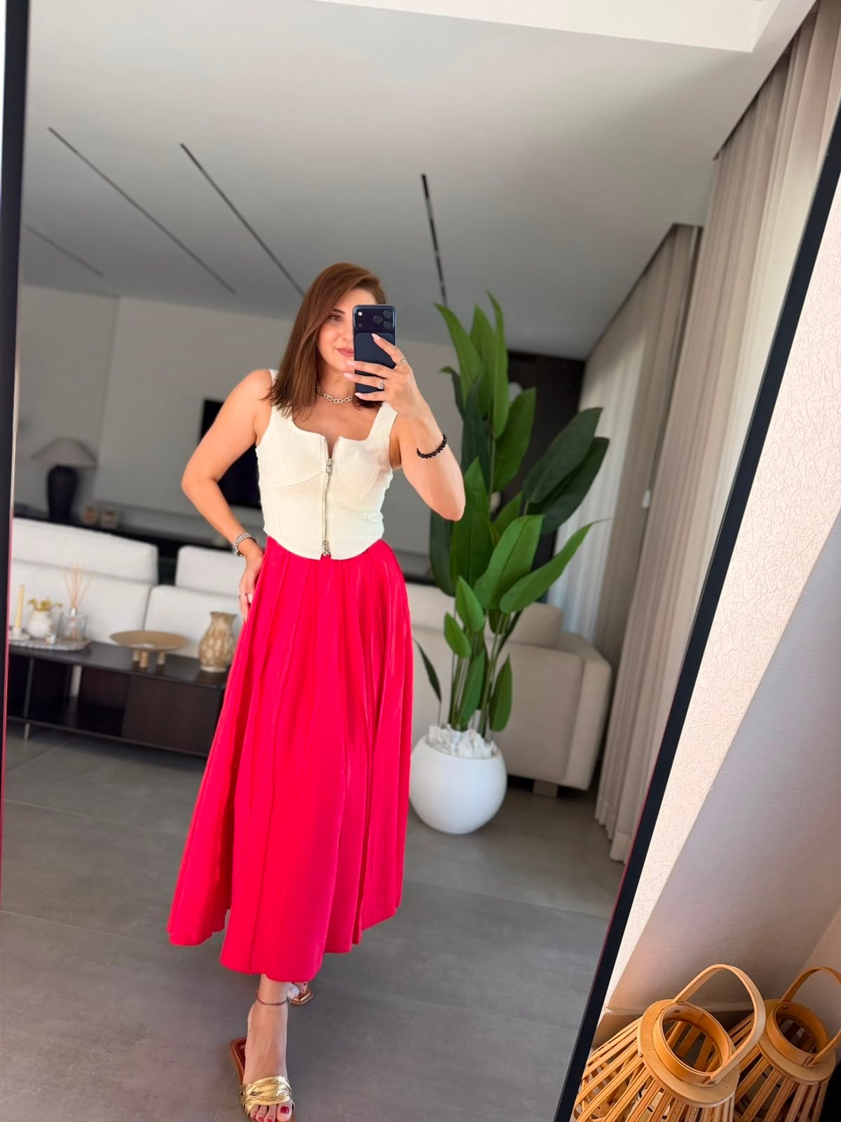 Kırmızı Dikiş Detaylı Tencel Etek