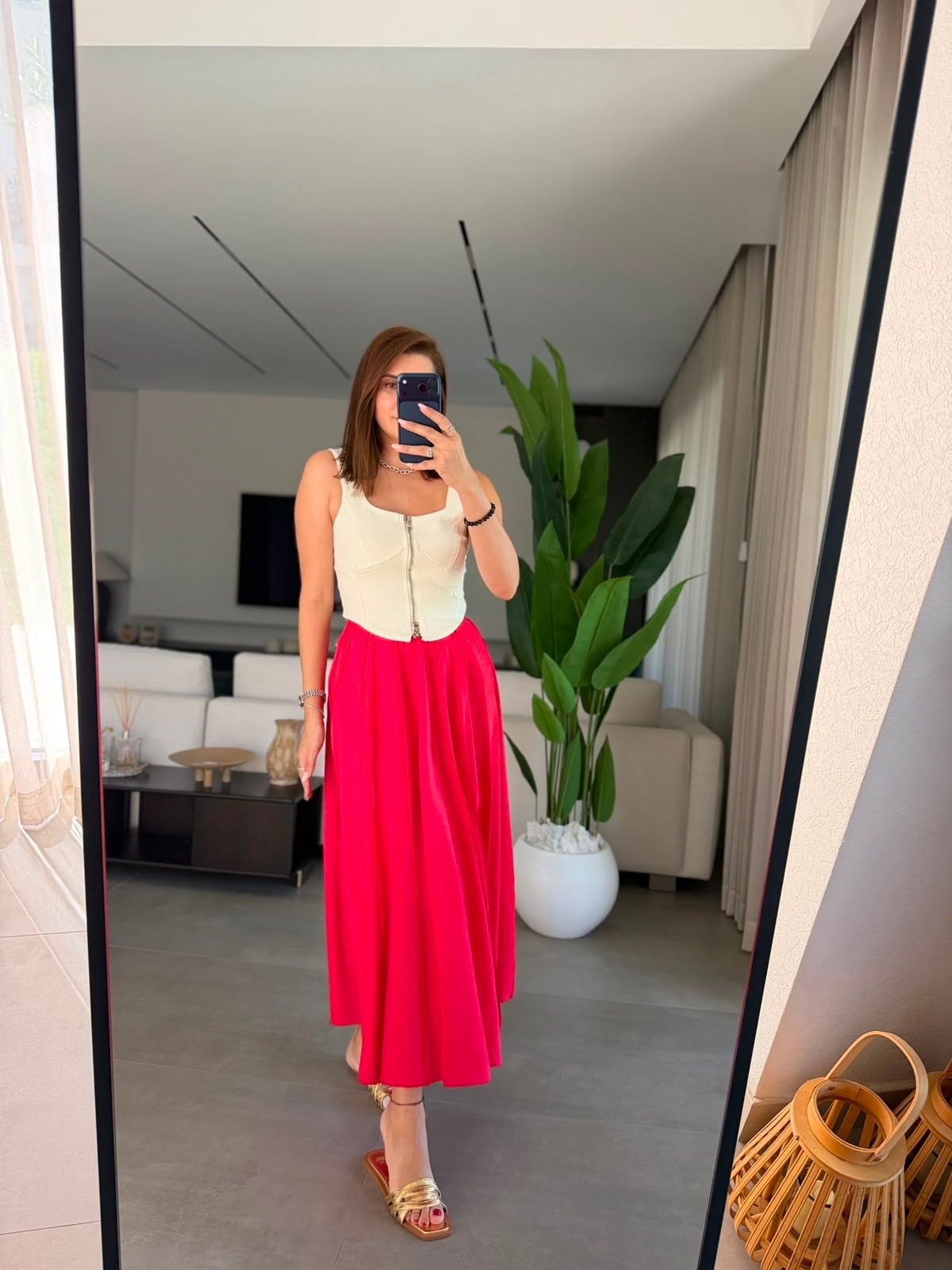 Kırmızı Dikiş Detaylı Tencel Etek