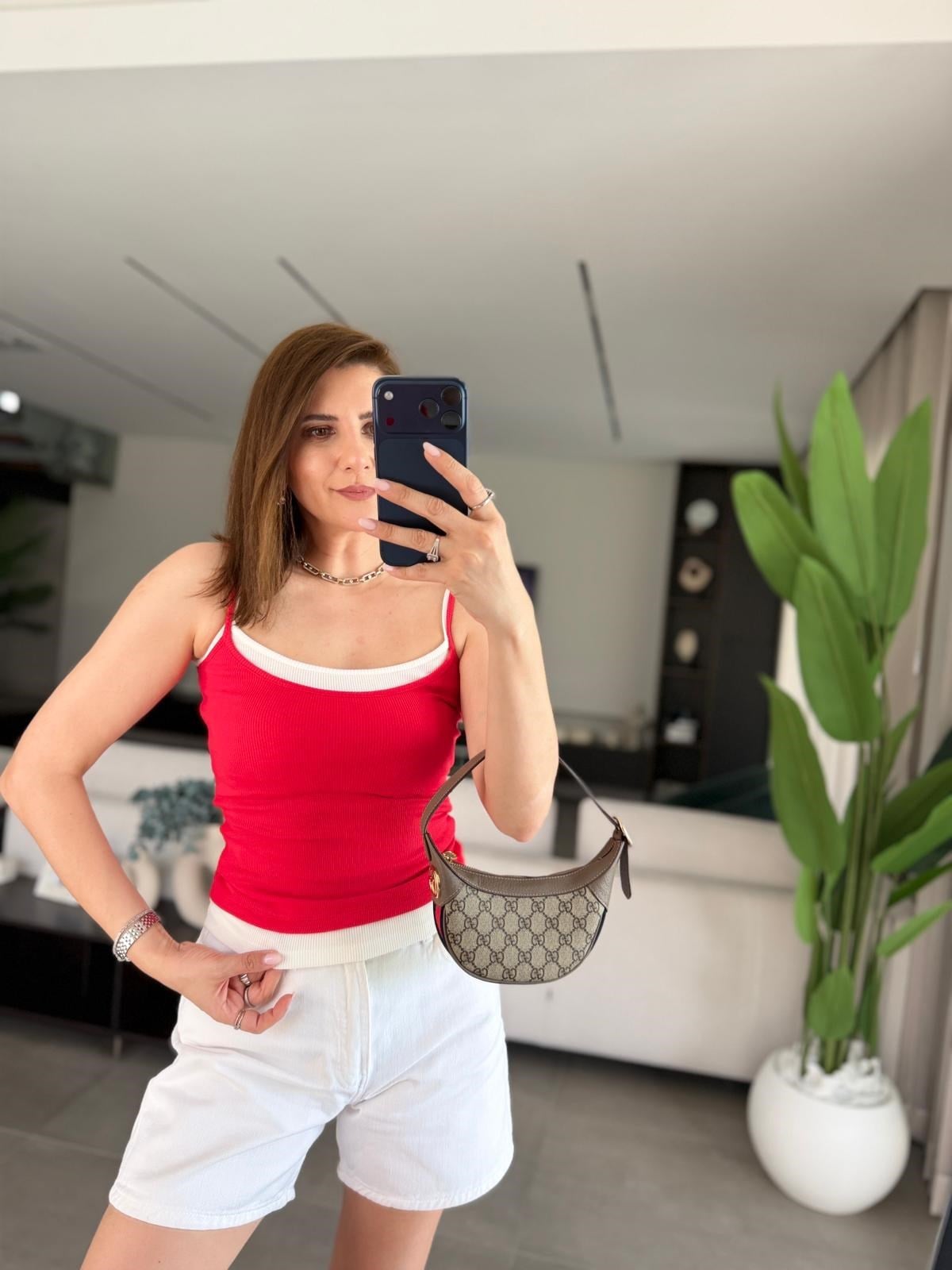 Kırmızı  İp Askılı İkili Görünümlü Atlet