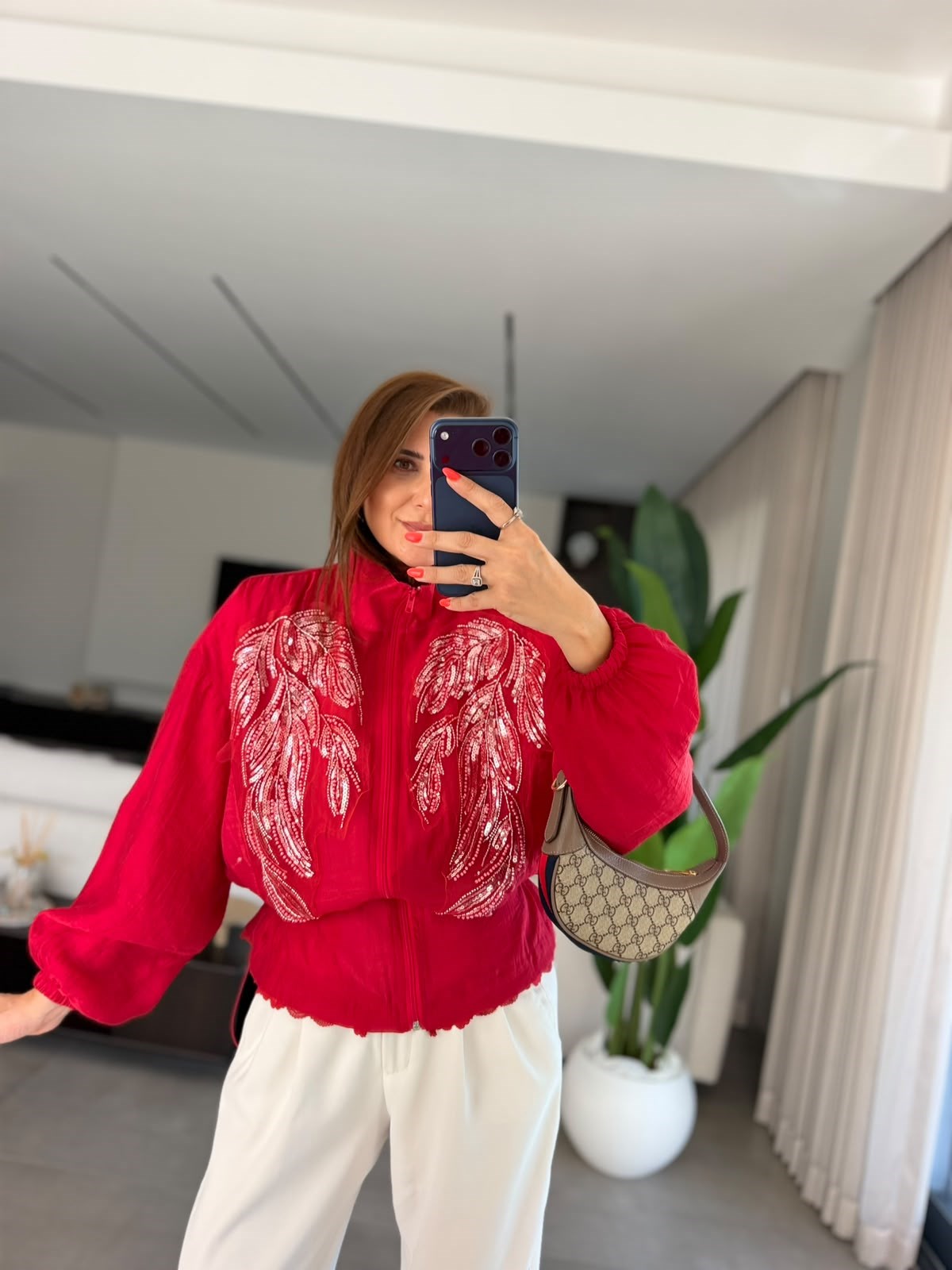 Kırmızı Shine Dik Yaka Ceket