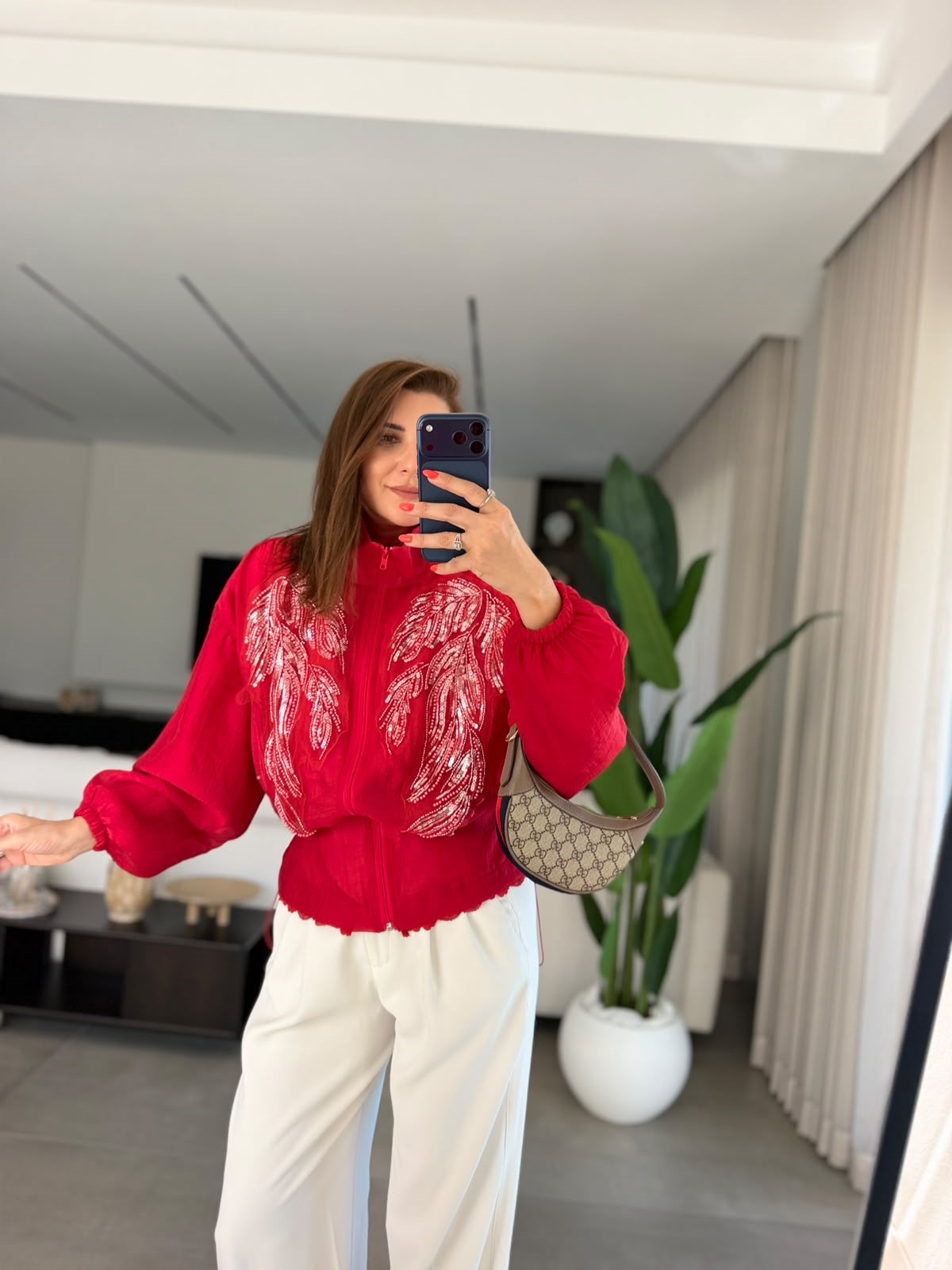 Kırmızı Shine Dik Yaka Ceket