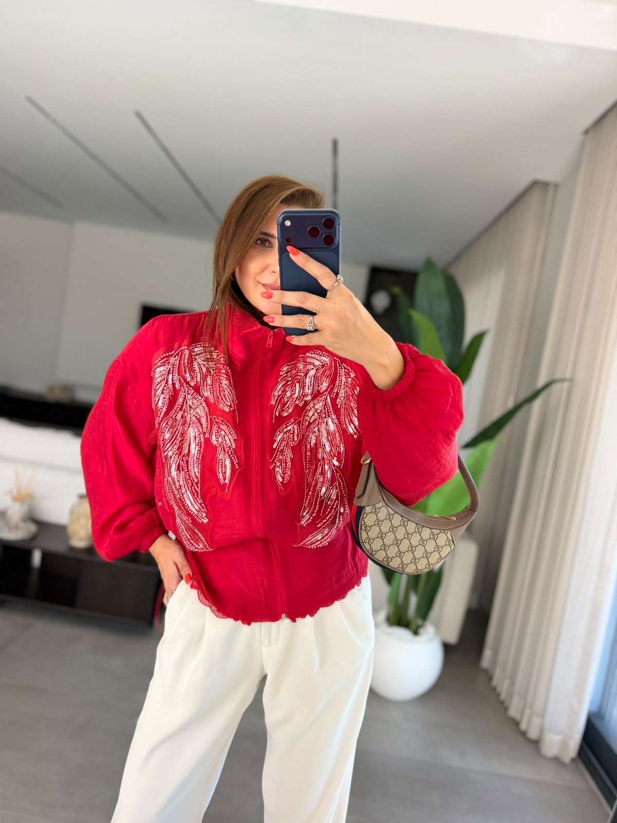 Kırmızı Shine Dik Yaka Ceket