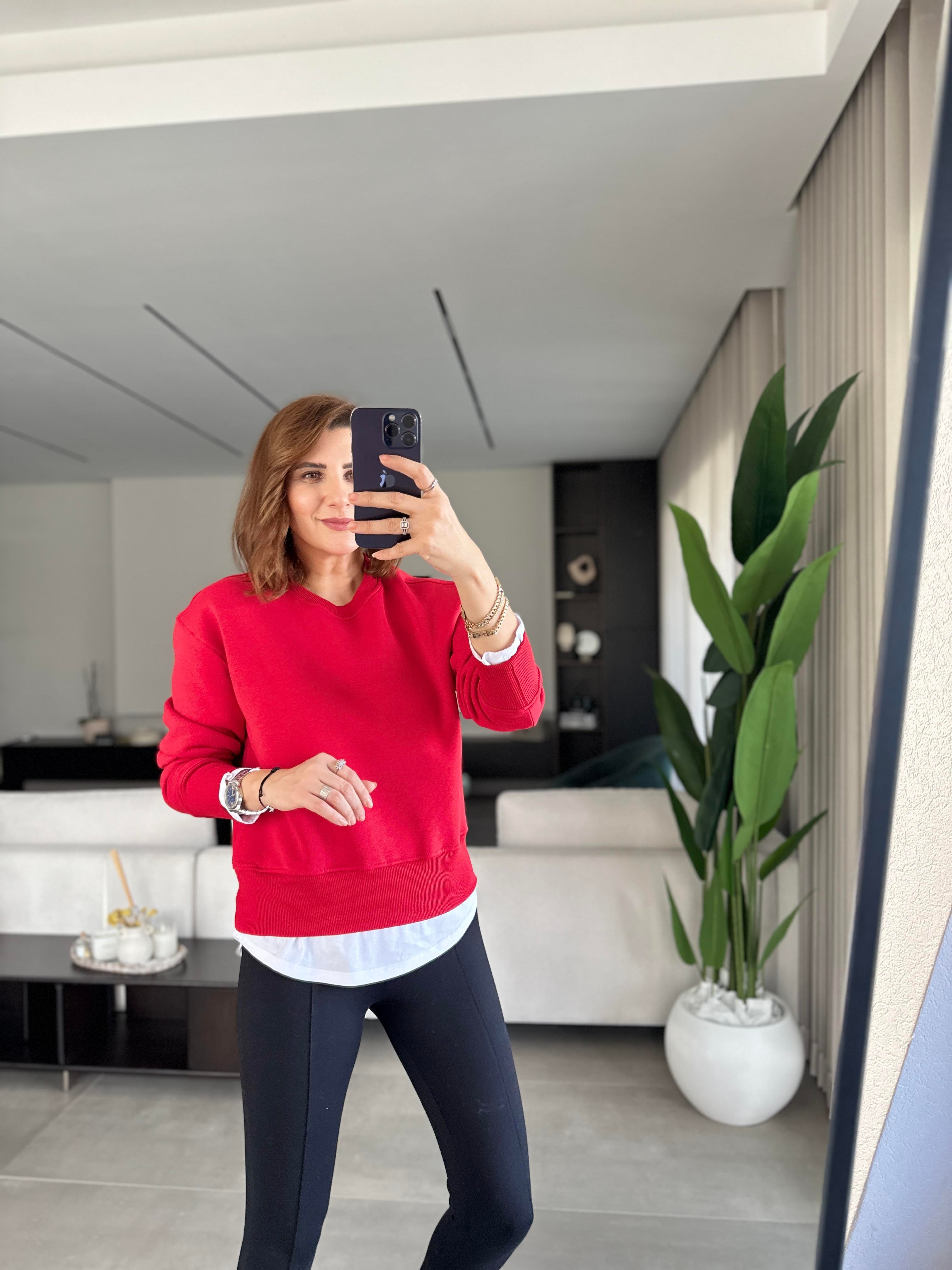 Kırmızı T-shirt Görünümlü Üç İplik Sweat