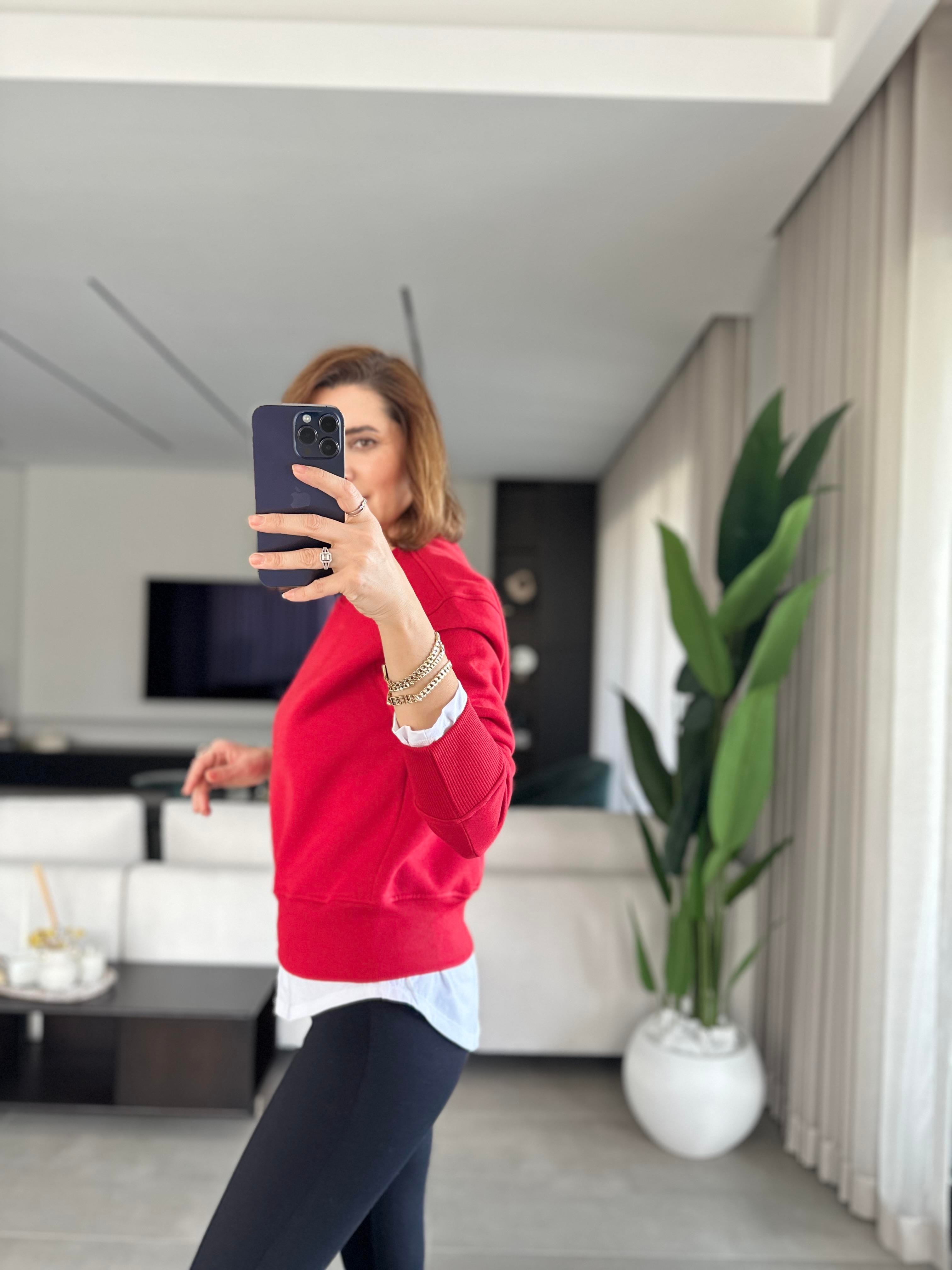 Kırmızı T-shirt Görünümlü Üç İplik Sweat