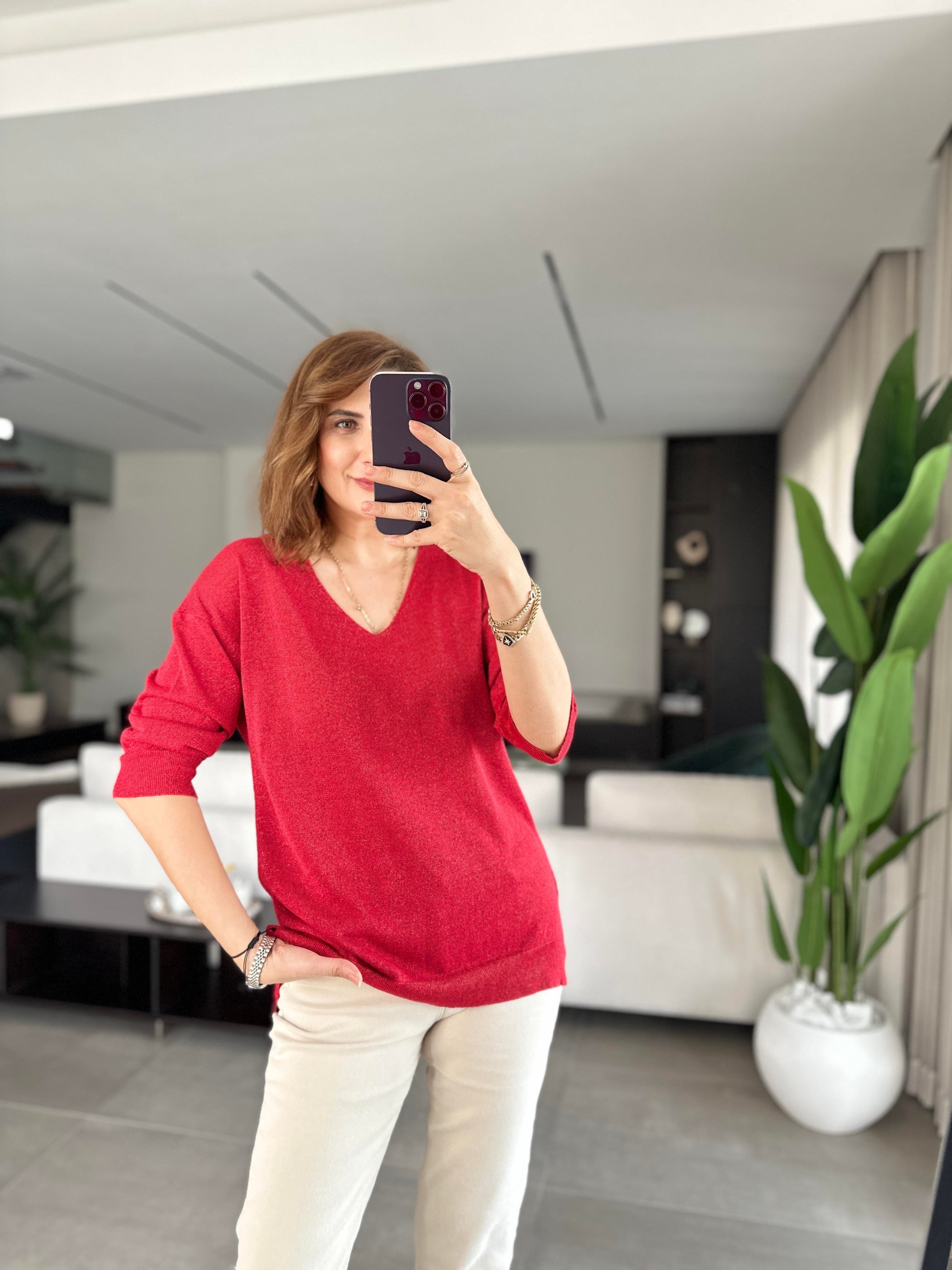 Kırmızı V Yaka Simli Merserize