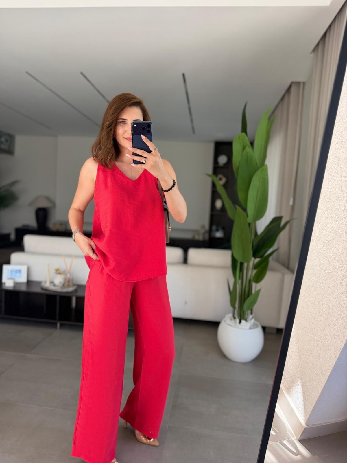 Kırmızı V Yaka Tencel Kolsuz Takım