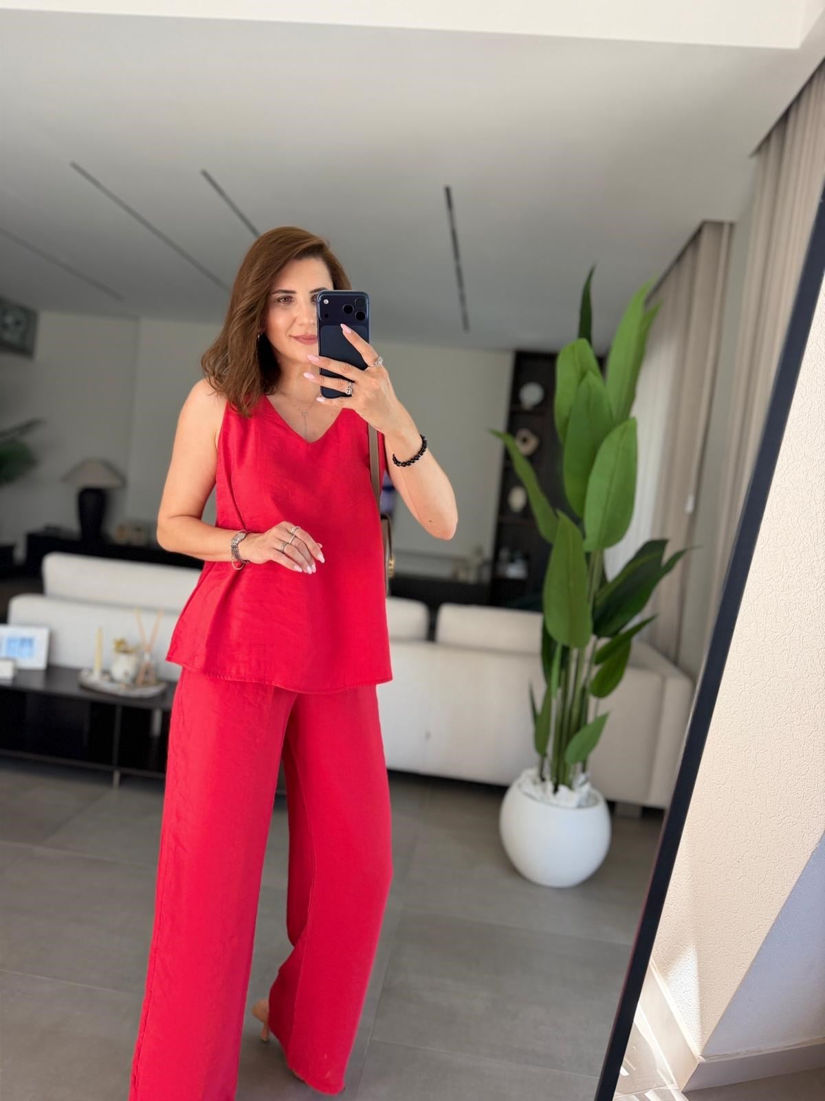Kırmızı V Yaka Tencel Kolsuz Takım