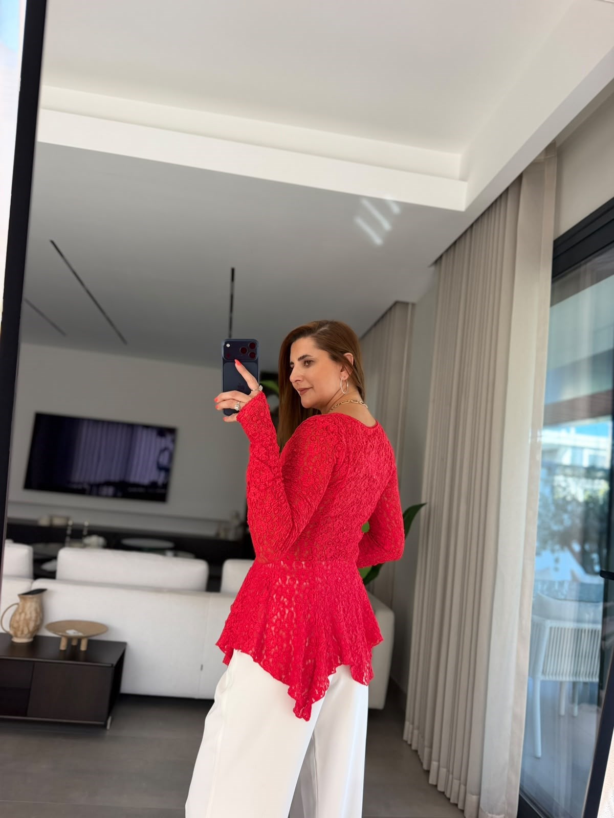 Kırmızı  Violetta Dantel Peplum Hırka
