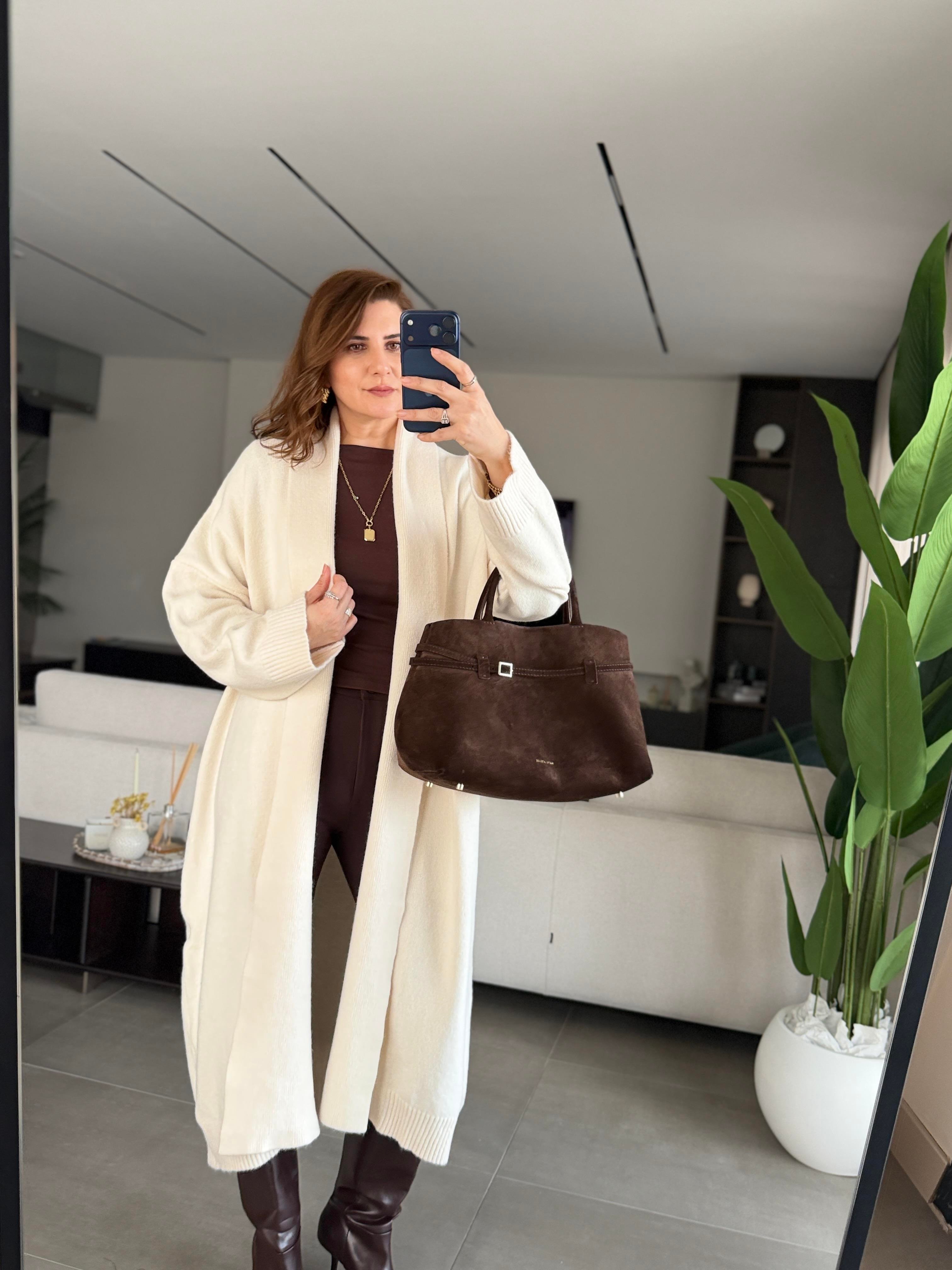 Krem Şal Yaka Uzun Triko Hırka