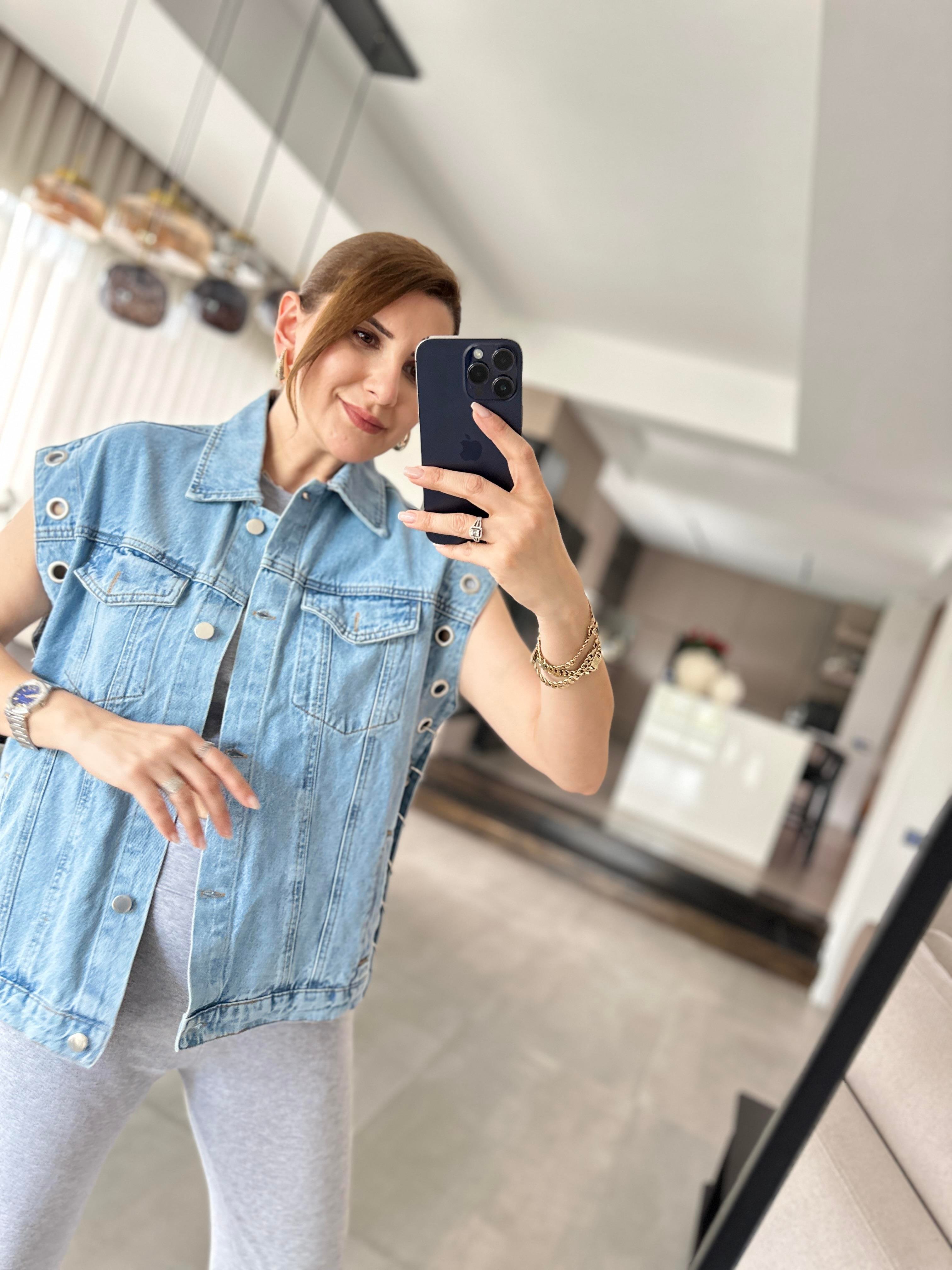 Kuş Gözü Detaylı Kot Yelek
