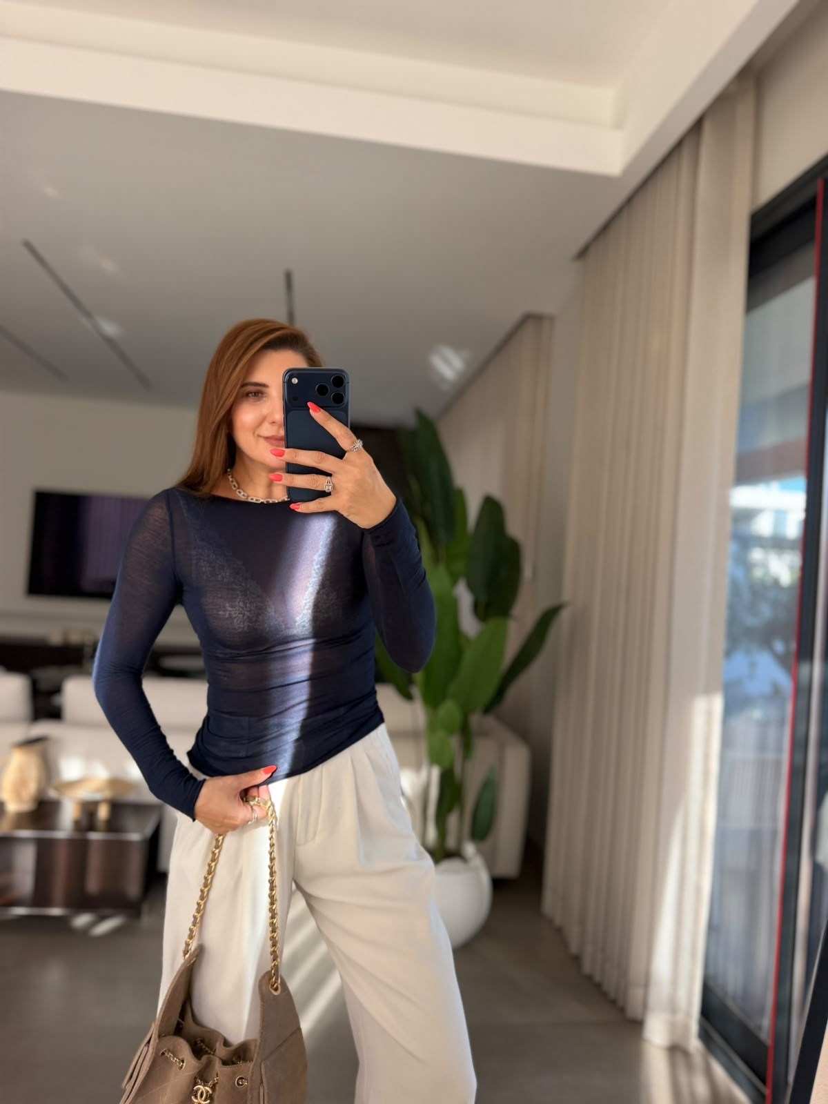 Lacivert Açık Yaka Uzun Kol Bluz