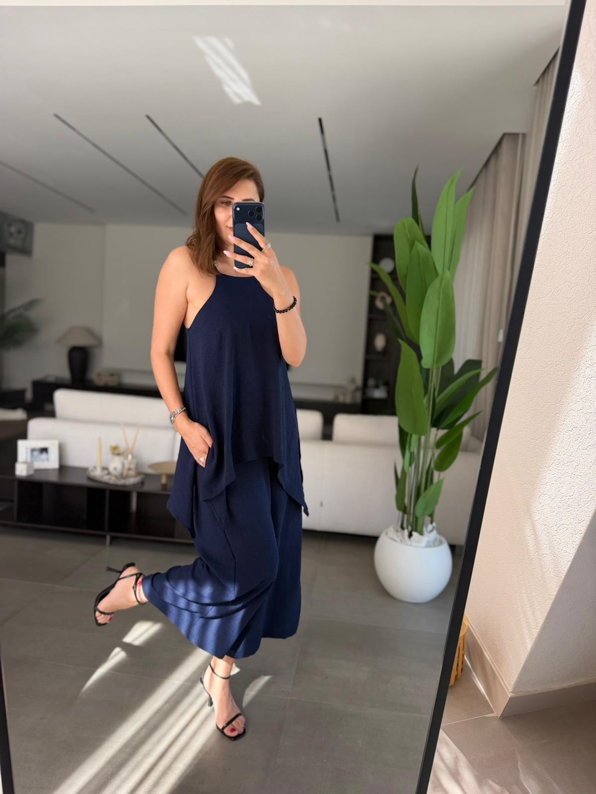 Lacivert  Askılı Bluz Detaylı Tulum