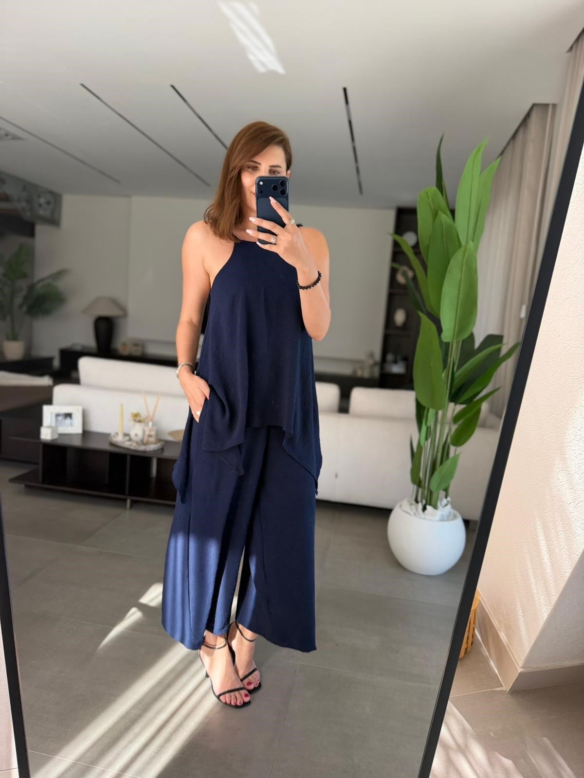 Lacivert  Askılı Bluz Detaylı Tulum