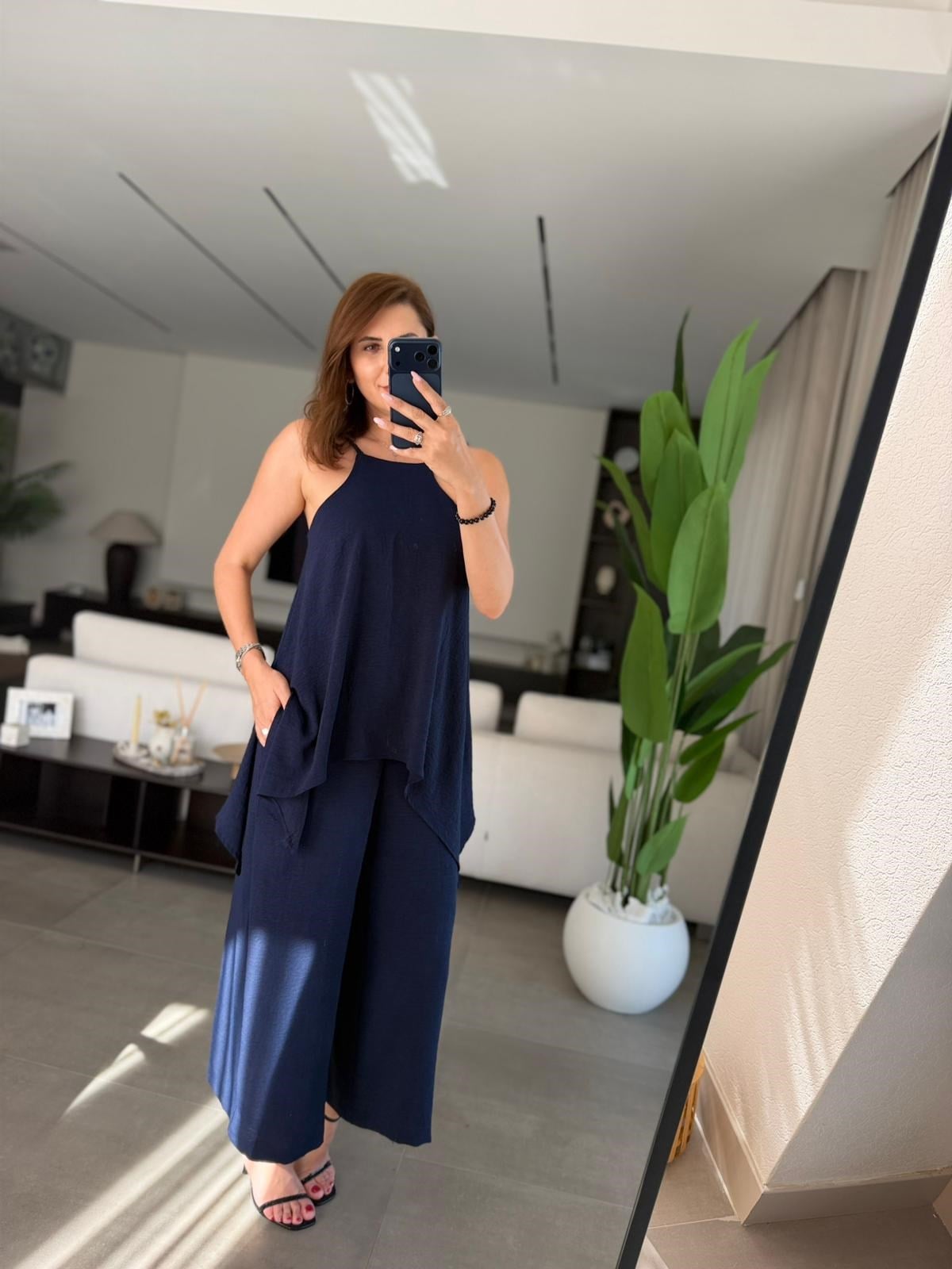 Lacivert  Askılı Bluz Detaylı Tulum