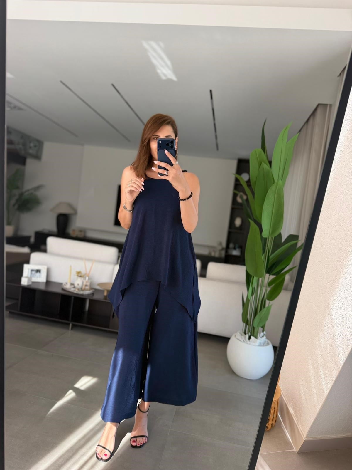 Lacivert  Askılı Bluz Detaylı Tulum