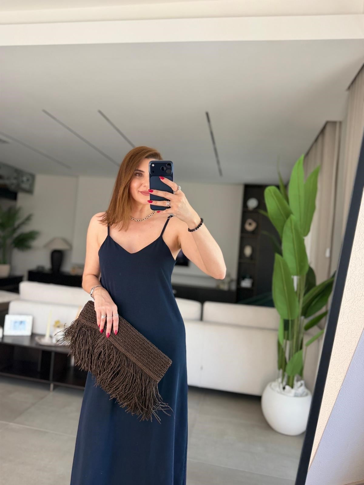 Lacivert Ayarlanabilir İp Askılı Ayrobin Elbise