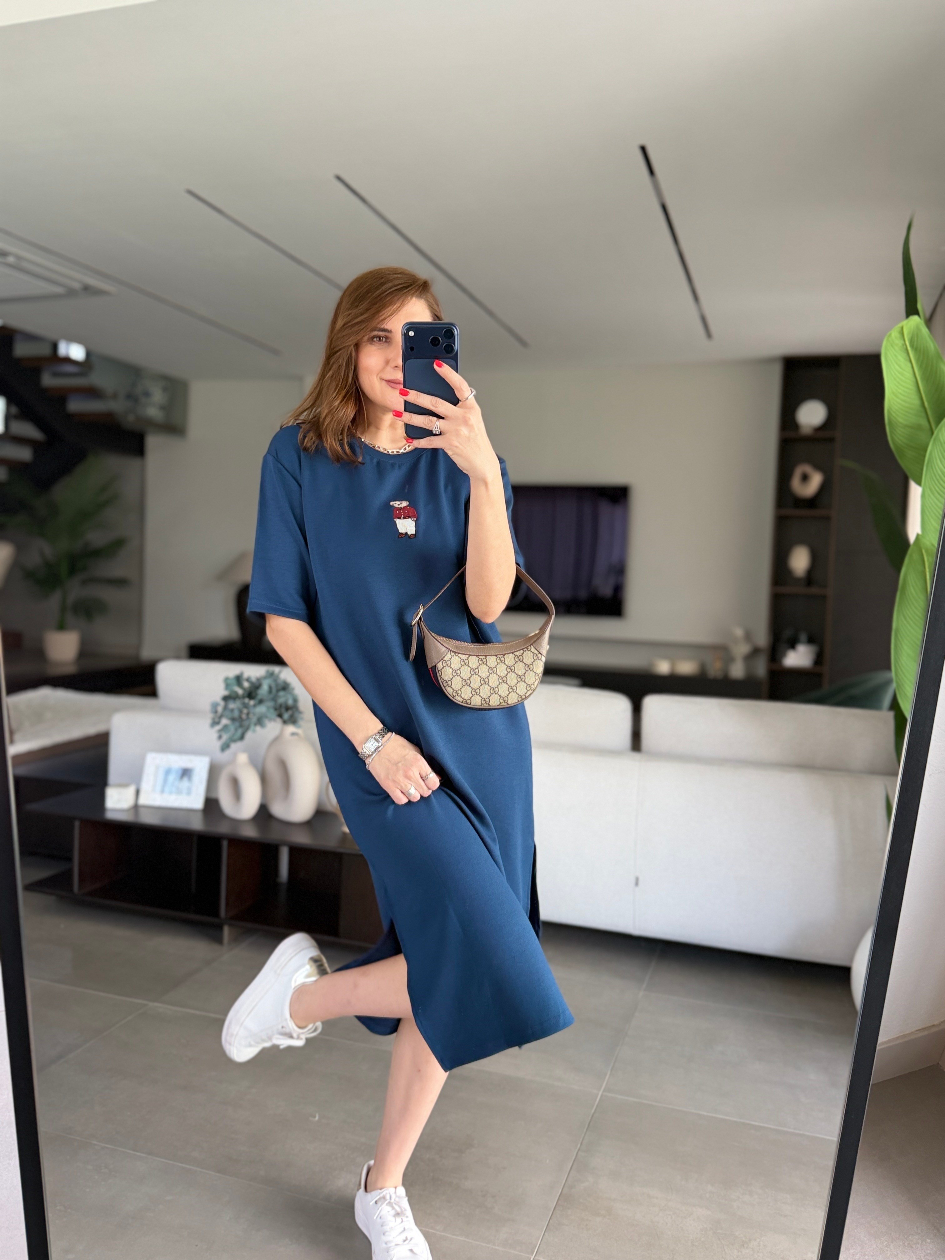 Lacivert Ayıcık Nakışlı Elbise