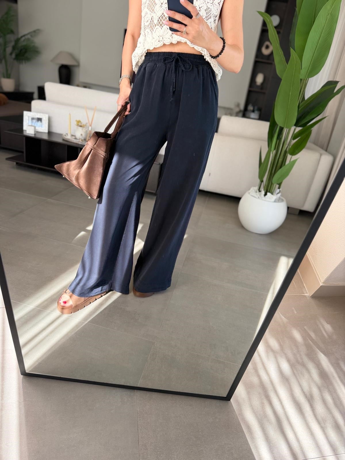 Lacivert  Bel Bağcıklı Tencel Pantolon