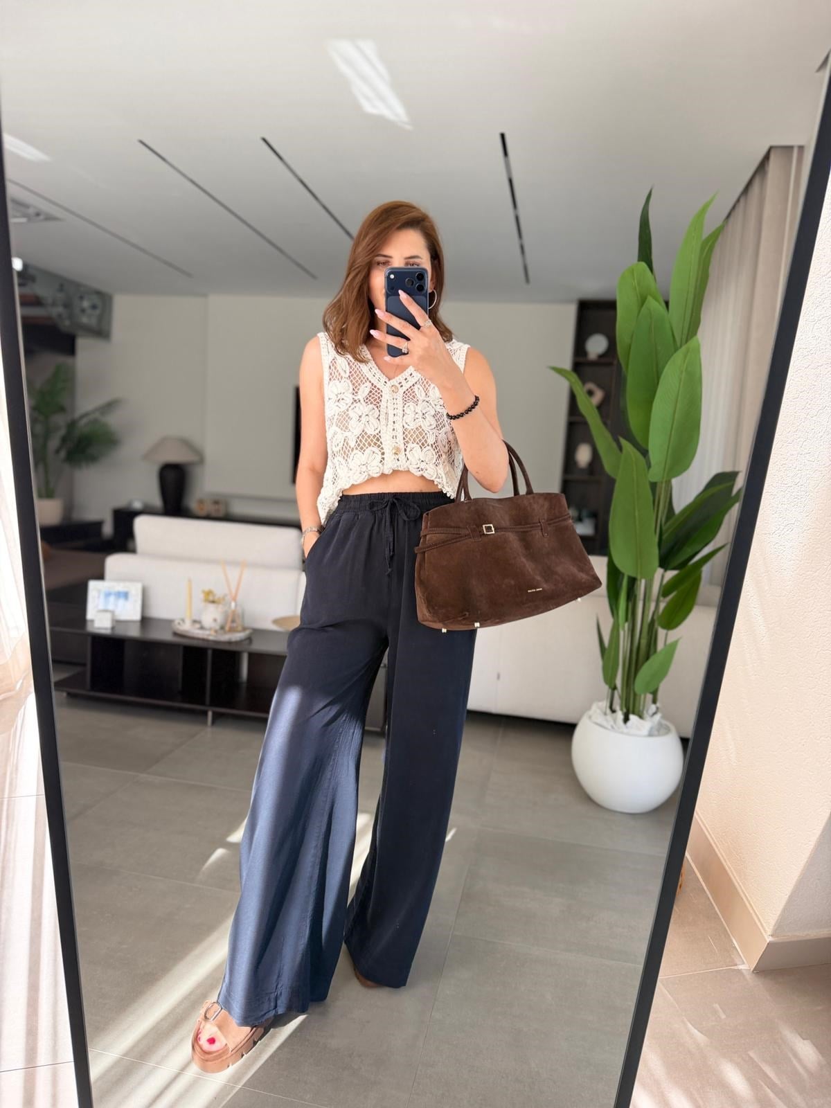 Lacivert  Bel Bağcıklı Tencel Pantolon