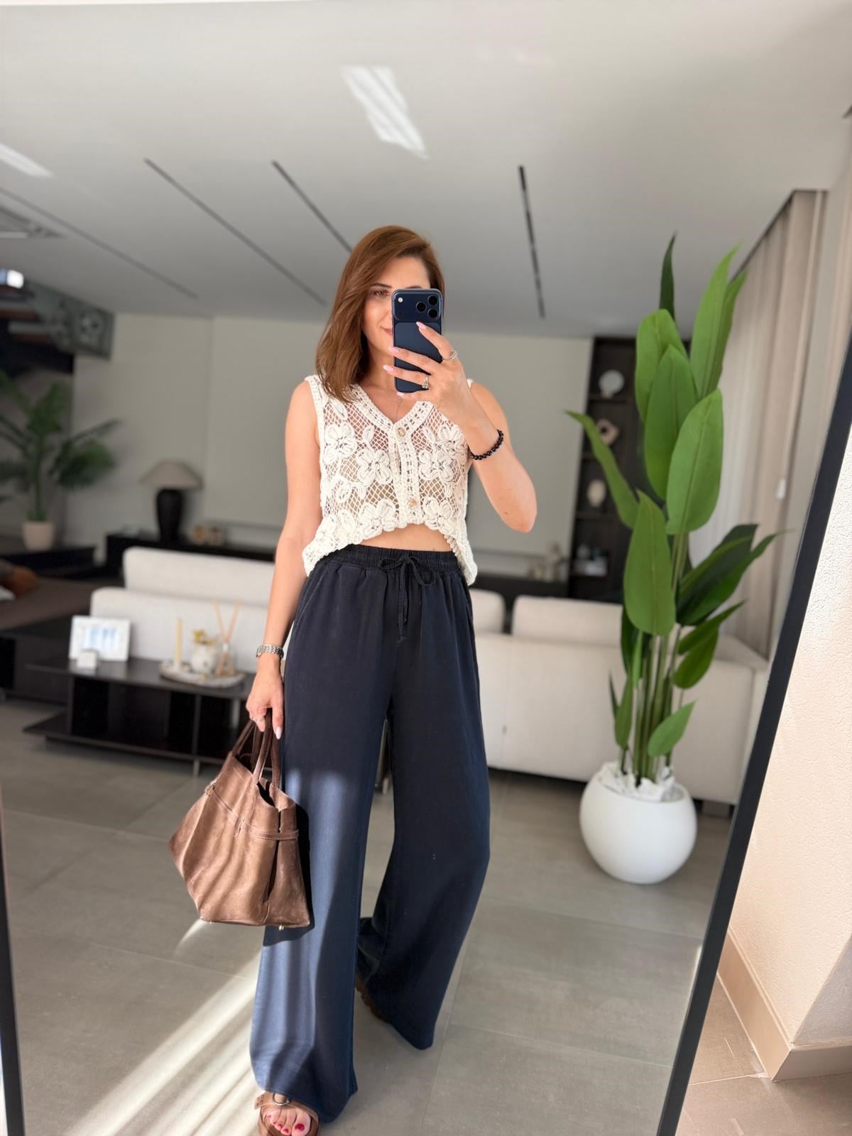 Lacivert  Bel Bağcıklı Tencel Pantolon