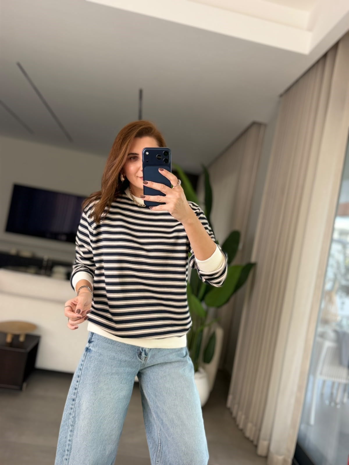 Lacivert Bisiklet Yaka Üç İplik Çizgili Sweatshırt
